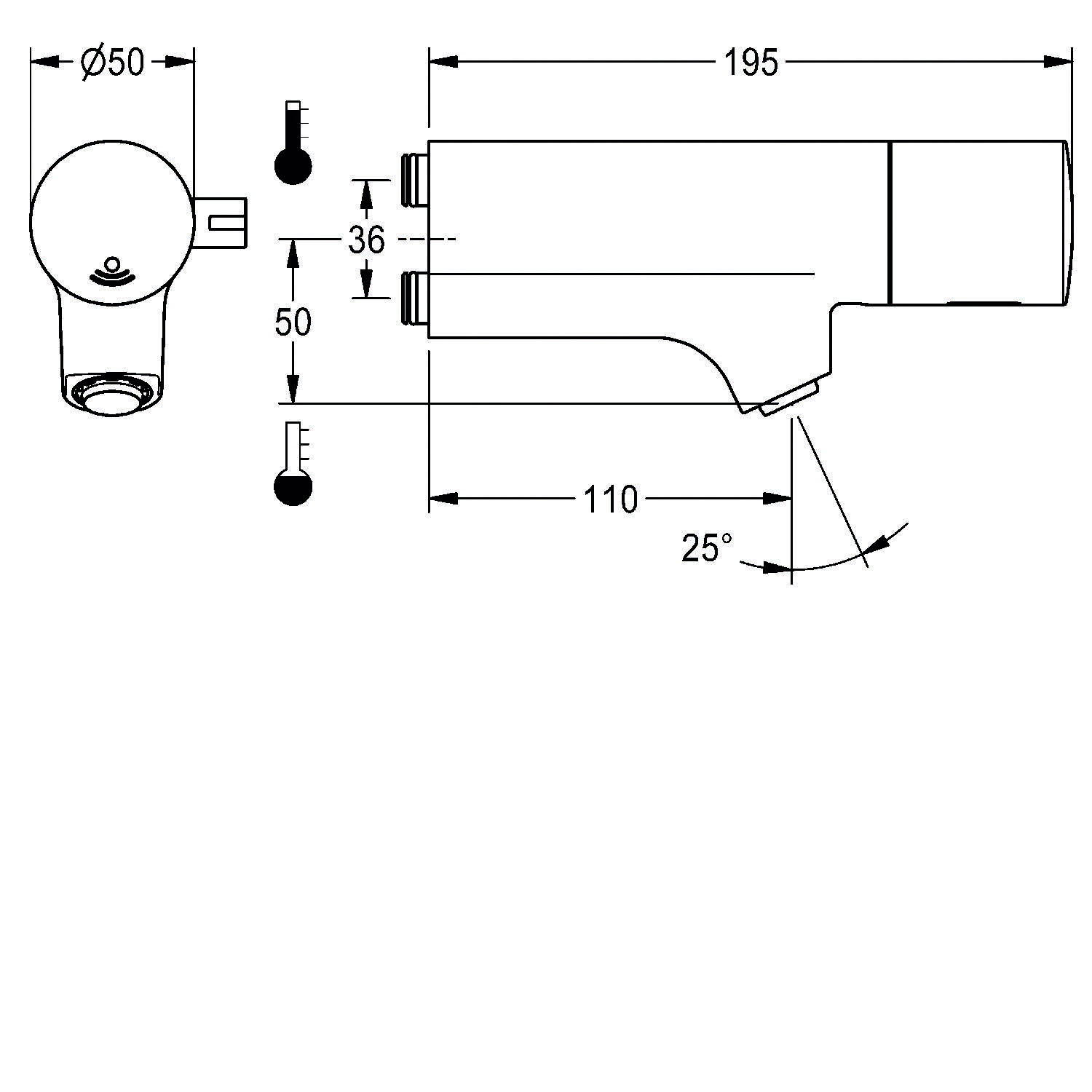 Technische Zeichnung eines Wasserhahns mit Dimensionen: Länge 195 mm, Durchmesser 50 mm, Auslauflänge 110 mm und ein Auslaufwinkel von 25 Grad.