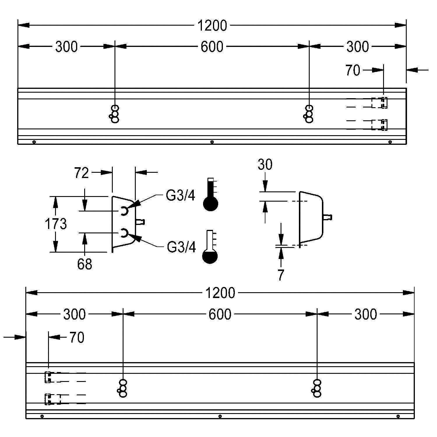 Diagramm eines Wandhalterungsprofils. Ansichten von oben und unten zeigen die Abmessungen: 1200 mm Länge, 70 mm Halterungsbreite, 300 mm und 600 mm Abschnitte.