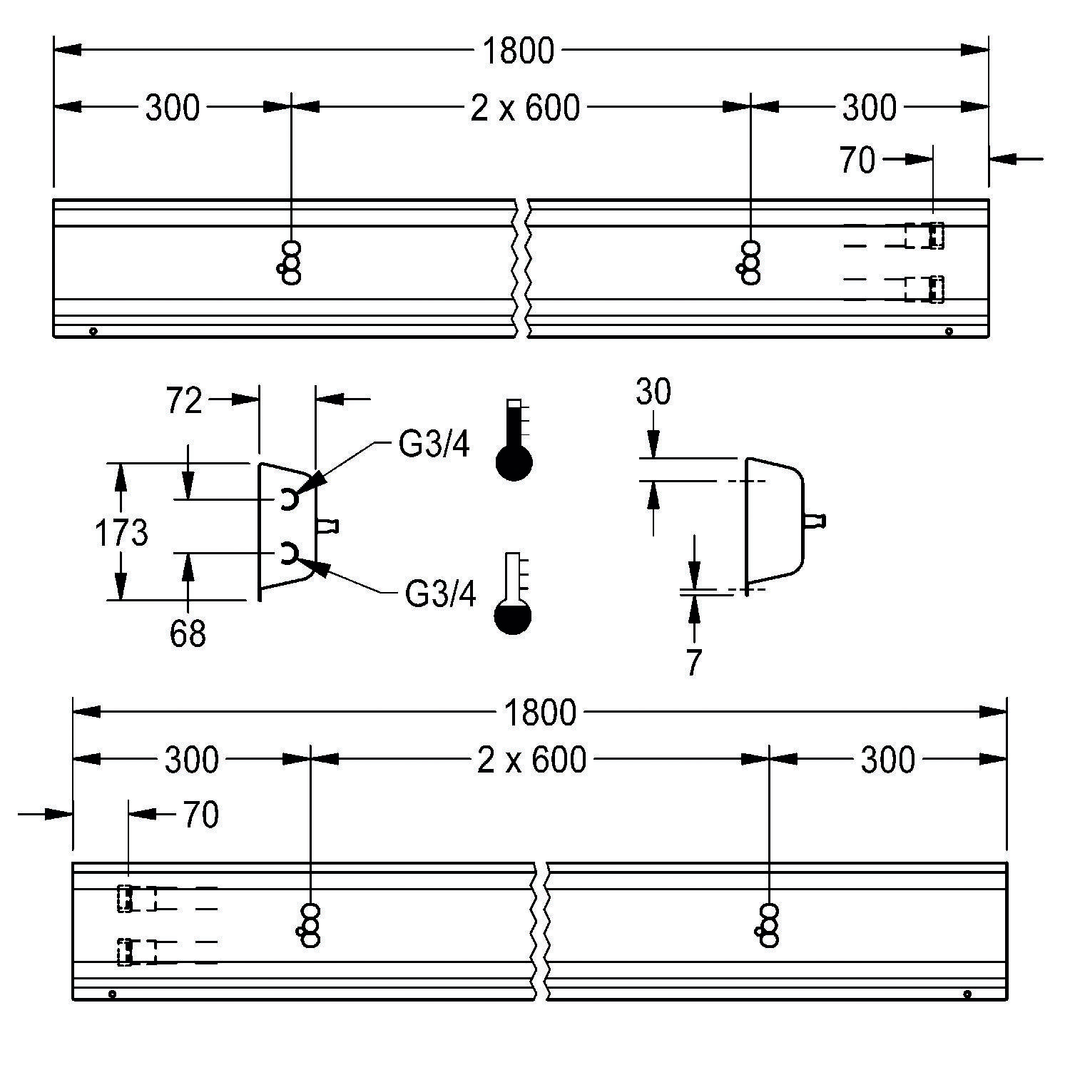 Technische Zeichnung zur Darstellung von Abmessungen und Anordnung für Rohrleitungsinstallation. Merkmale umfassen Maße von 1800x300mm, G3/4 Anschlüsse und Abstände.