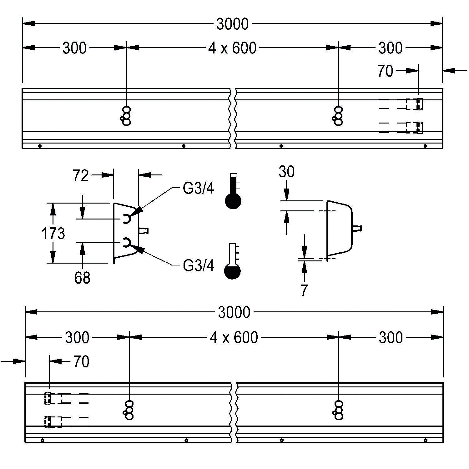 Technische Zeichnung einer 3000 mm Struktur, unterteilt in Abschnitte, mit Abmessungen zwischen 300 und 600 mm. Beinhaltet G3/4 Anschlüsse.