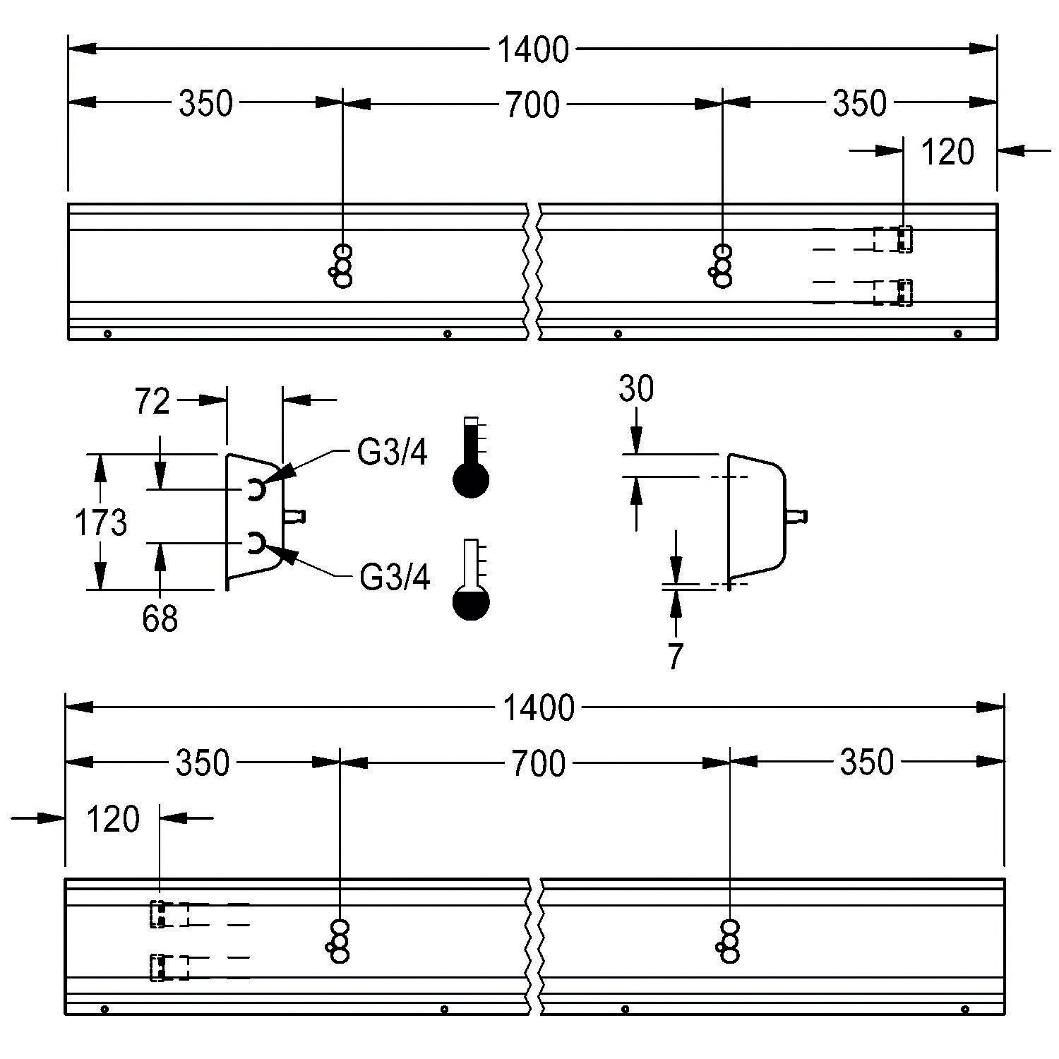 Diagramm zur Darstellung der Abmessungen und Positionierung von zwei Waschbeckeneinheiten, jeweils 1400 mm breit. Merkmale umfassen einen Abstand von 700 mm und G3/4-Anschlüsse.
