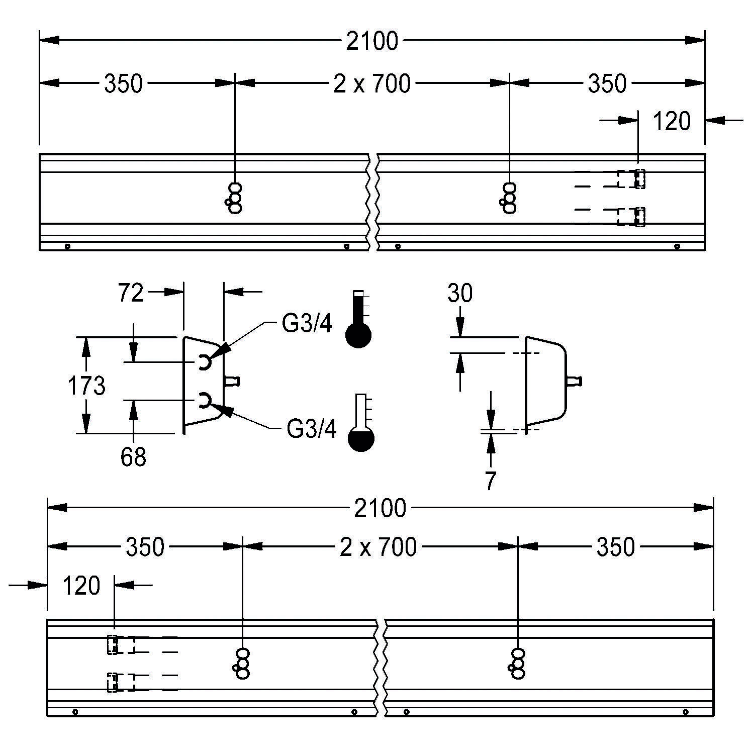 Technische Zeichnung eines Panels mit in Millimetern beschrifteten Abmessungen. Die Zeichnung zeigt zwei Abschnitte mit identischen Maßen von 2100 x 700 mm, die durch einen zentralen Spalt getrennt sind. Zusätzliche Abmessungen und G3/4 Anschlusspunkte sind gekennzeichnet.