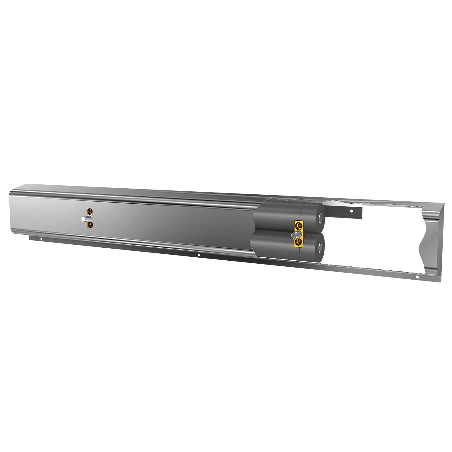 Ein langer, metallischer, zylindrischer Gegenstand mit reflektierender Oberfläche vor einem schwarzen Hintergrund.