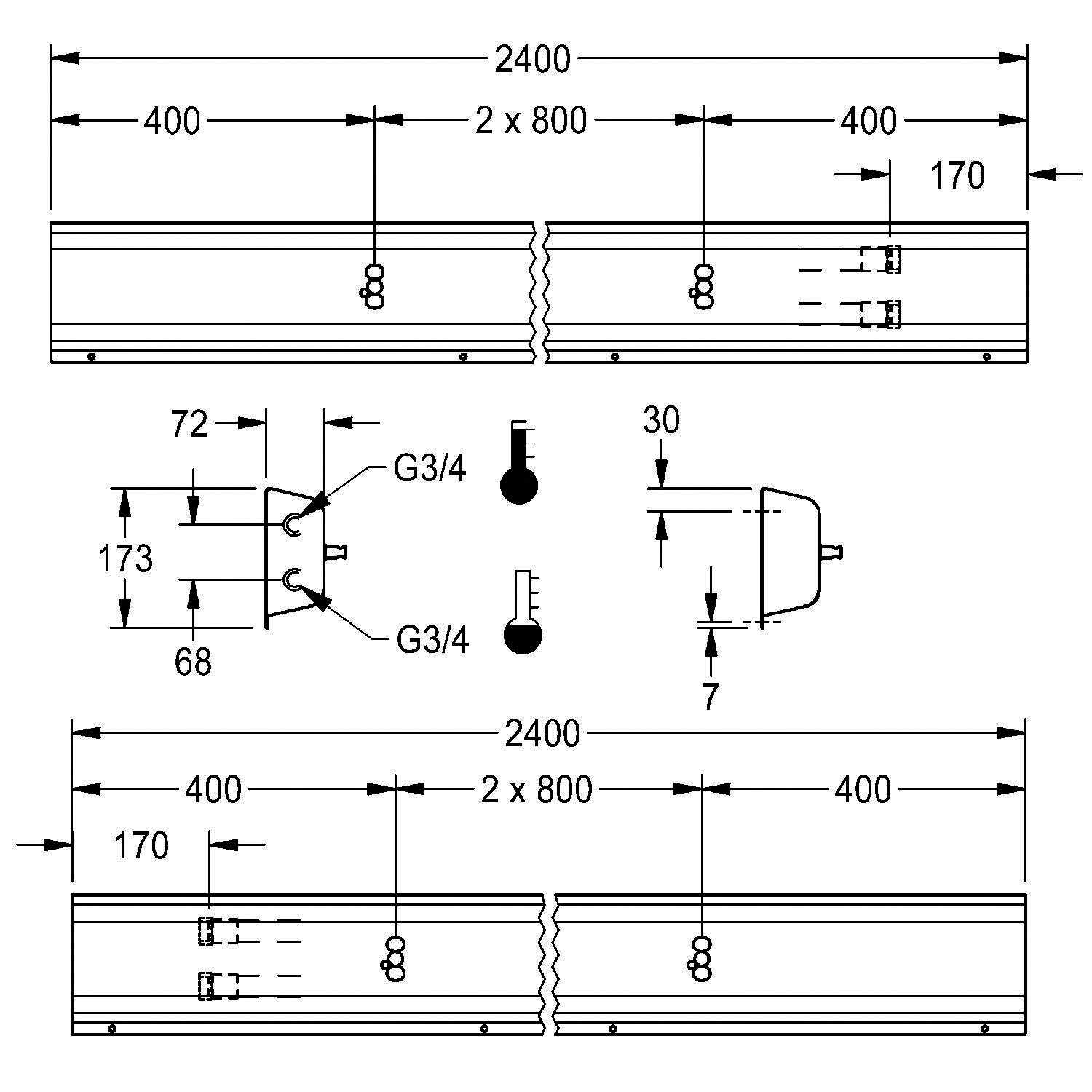 Technische Zeichnung eines Rohrsystems, Abmessungen: 2400 mm Gesamtlänge, zwei Abschnitte von je 800 mm, mit G3/4 gekennzeichnet und verschiedenen detaillierten Maßangaben.