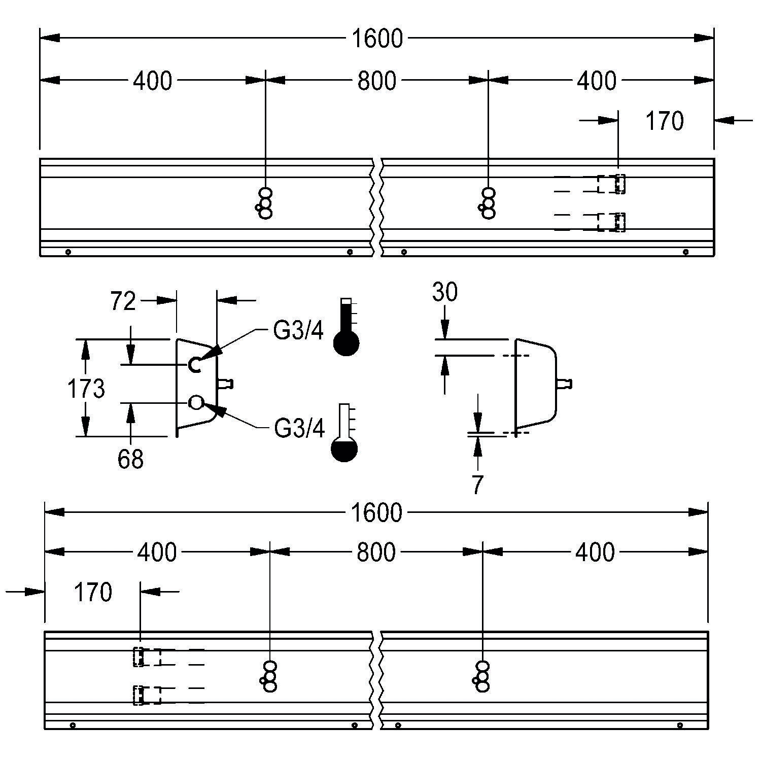 Technische Zeichnung zweier 1600mm Platten mit Maßangaben für G3/4-Anschlüsse, mit Angaben zur Positionierung und Freiraum für die Installation.