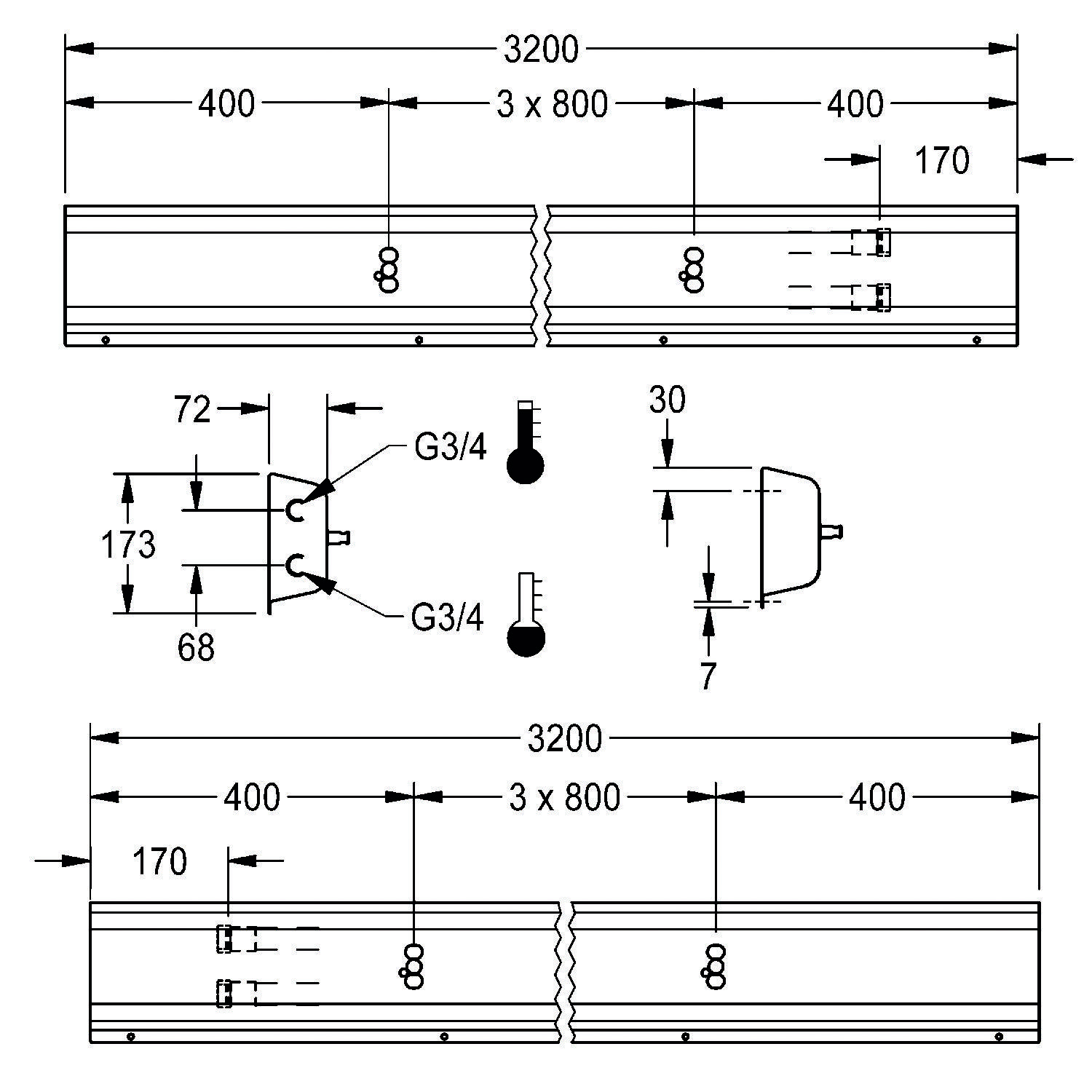 Technische Zeichnung mit Abmessungen einer Komponente: Gesamtlänge 3200 mm, Abschnitte umfassen 400 mm, 3 Segmente von je 800 mm und Zwischenräume. Enthält detaillierte Maßangaben und Beschriftungen wie G3/4.
