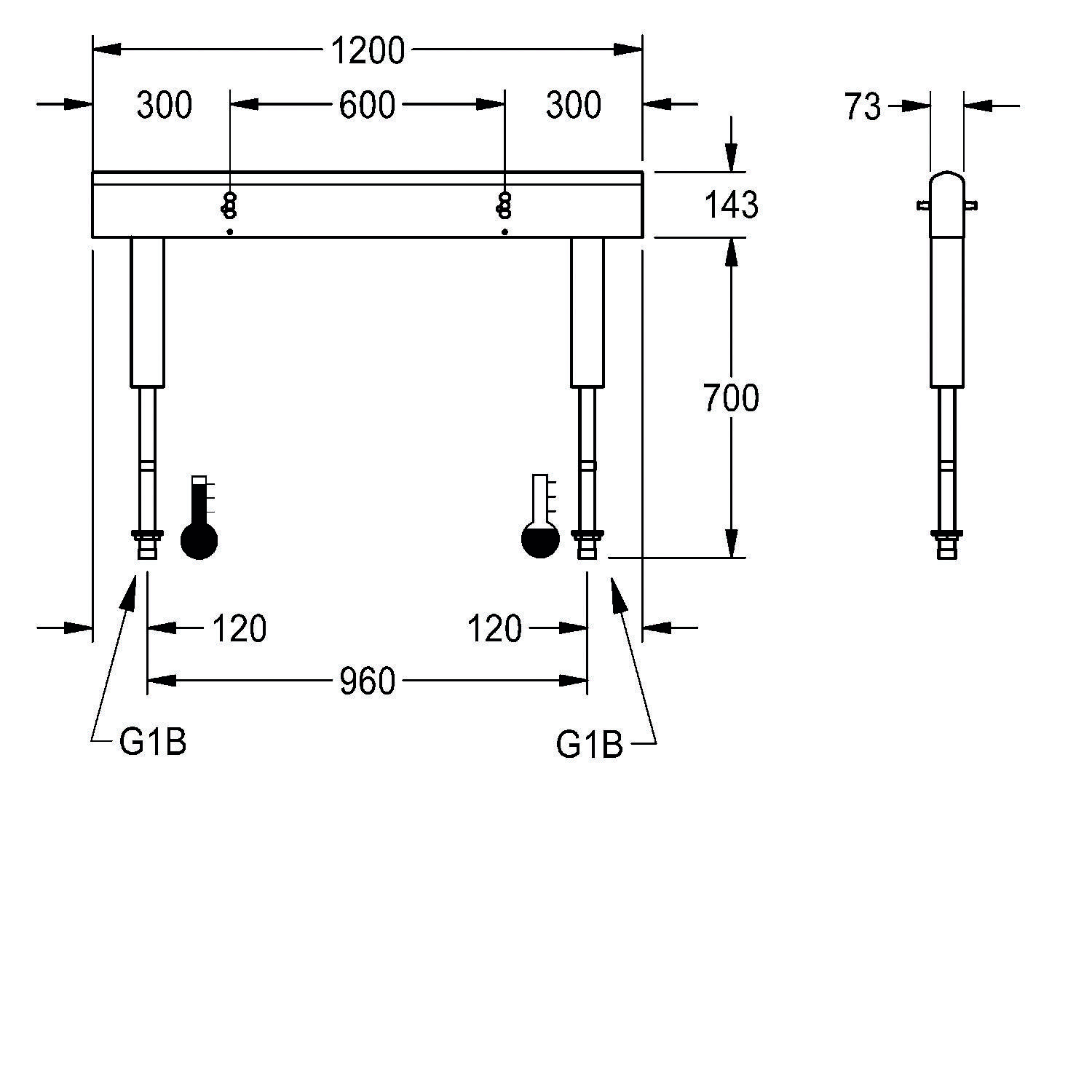 Technische Zeichnung eines Waschbeckens mit Abmessungen: 1200 mm Breite, 960 mm Beckenlücke, 143 mm Tiefe, 700 mm Höhe. Rohre: G1B.
