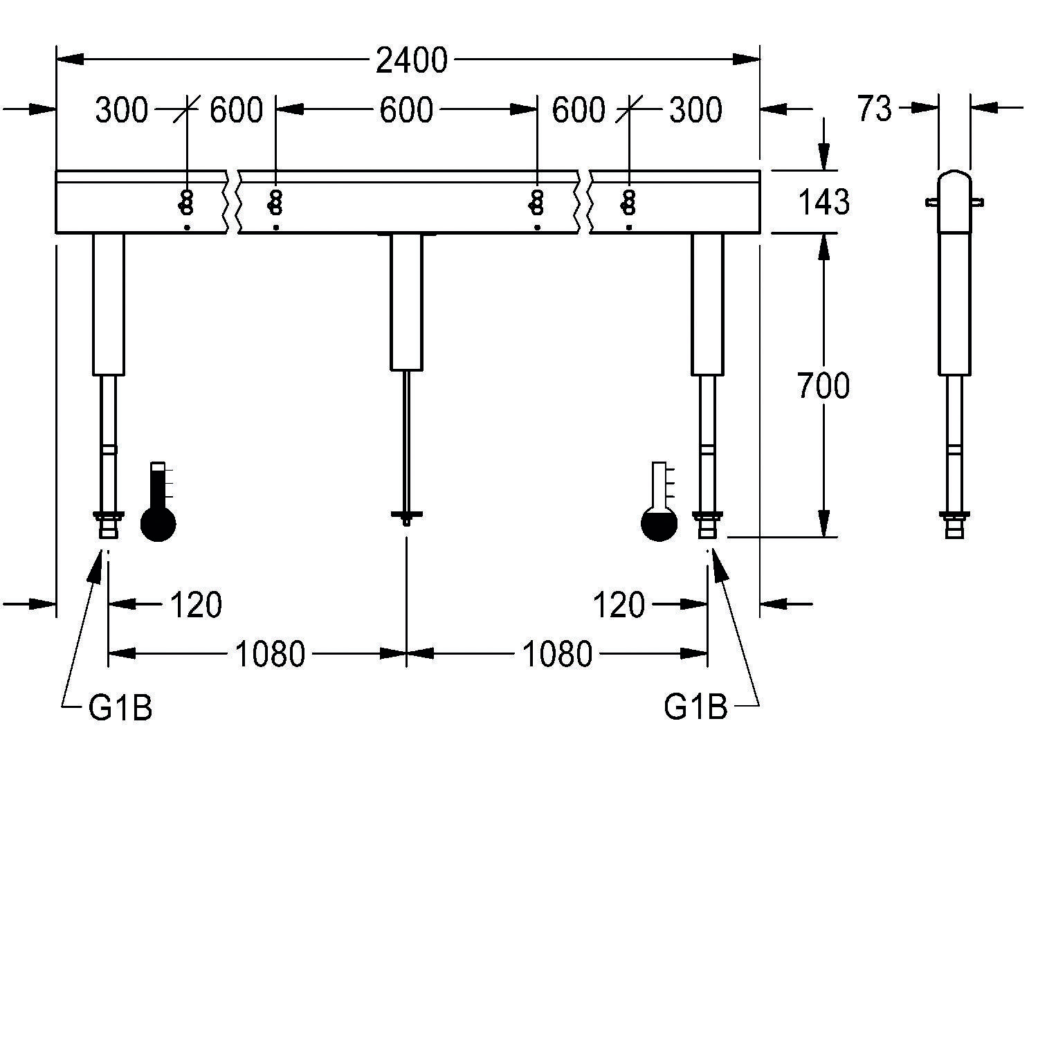 Eine technische Zeichnung einer Theke mit Abmessungen: 2400 mm Breite, 700 mm Höhe und Stützen, die 1080 mm voneinander entfernt sind. G1B-Rohrarmaturen dargestellt.