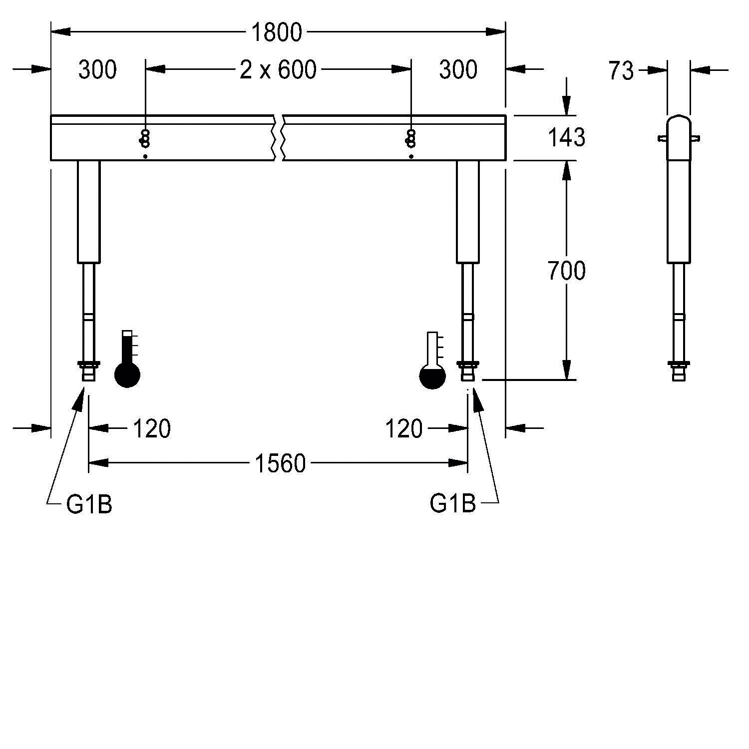 Die technische Zeichnung zeigt Maße einer Arbeitsplatte mit zwei Wasserhähnen und gibt Dimensionen wie eine Breite von '1800' und einen Abstand zwischen den Beinen von '1560' an.