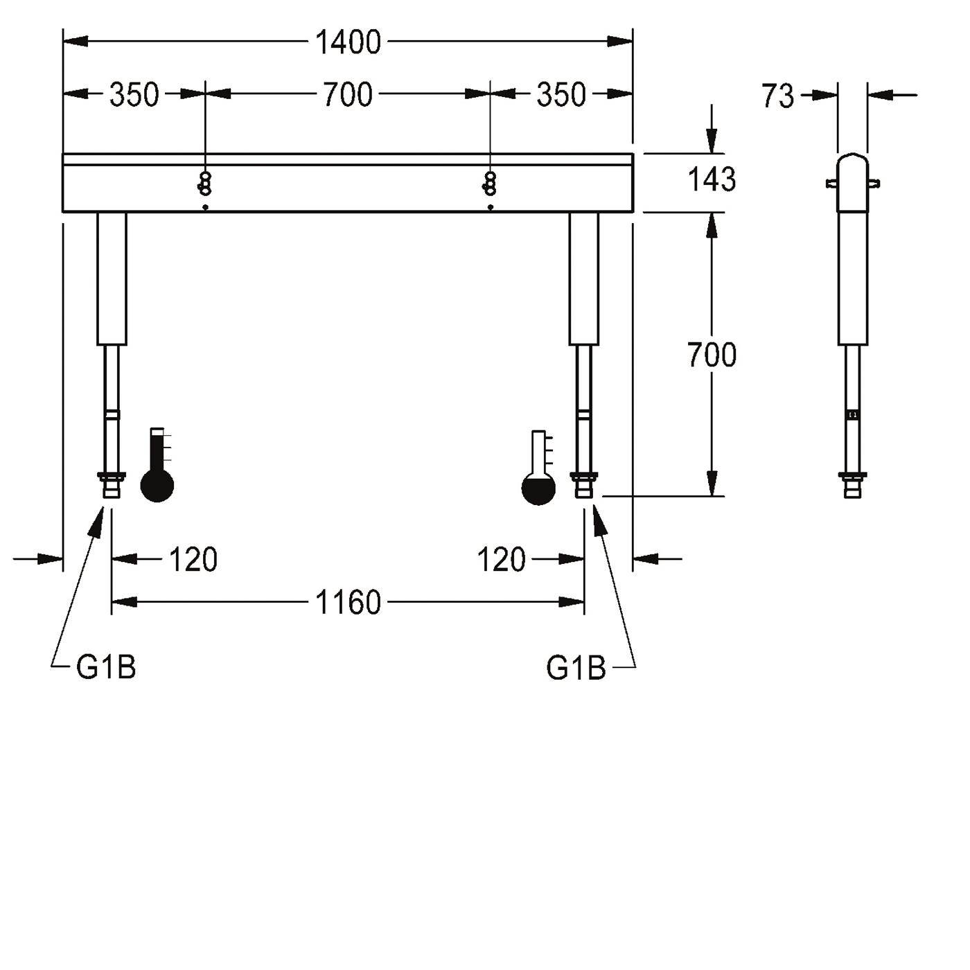 Technische Maßzeichnung einer rechteckigen Vorrichtung mit einer Gesamtbreite von 1400 mm, einer Höhe von 700 mm, einer Tiefe von 73 mm und gekennzeichneten Befestigungspunkten G1B.