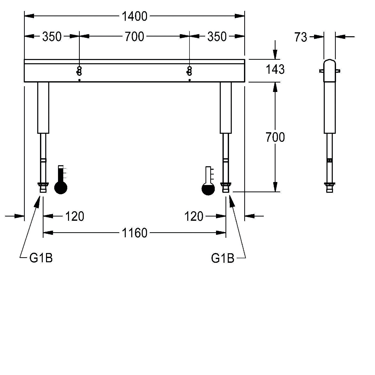 Technische Zeichnung eines Schreibtisches mit Abmessungen: 1400 mm Breite, 700 mm Höhe. Seitenansicht zeigt 73 mm Tischplatte und 700 mm Beinlänge. Beschriftungen zeigen Maße an.