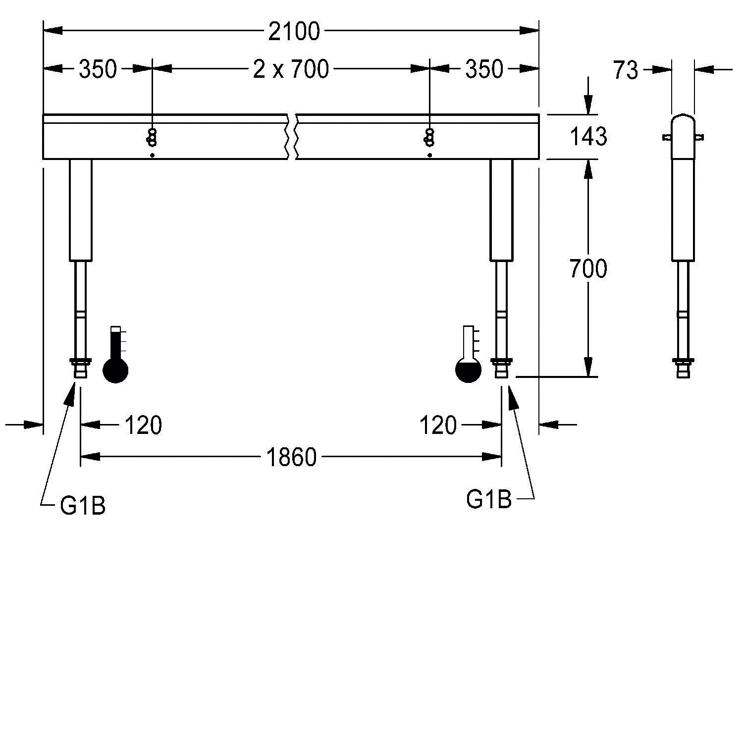Technische Zeichnung einer Bank mit Maßen: Länge 2100 mm, Breite 700 mm, Höhe 700 mm. Beinbreite 120 mm, Gesamthöhe 143 mm.