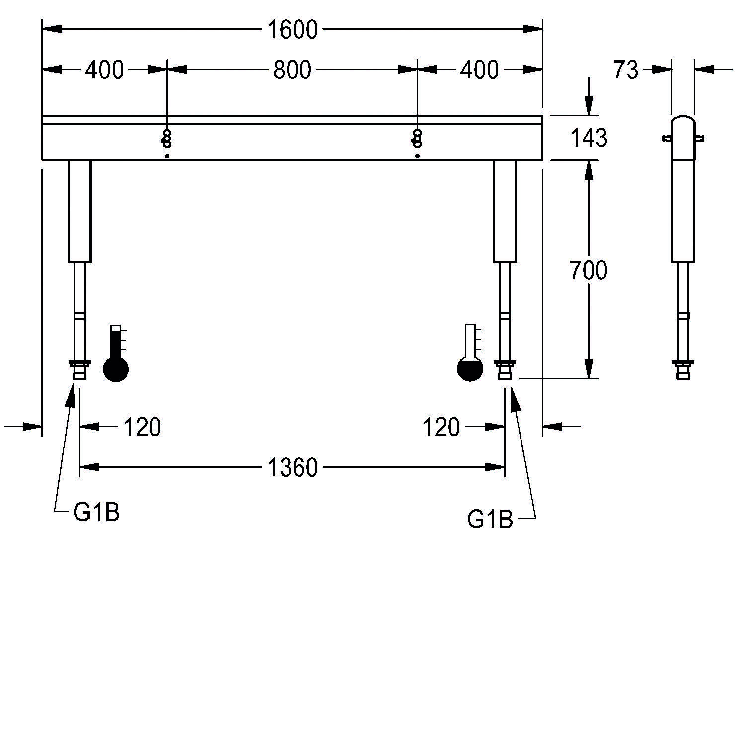 Technische Zeichnung einer Bank mit Maßen: Breite 1600 mm, Tiefe 600 mm, Höhe 773 mm. Enthält Schnittansichten und Beinabstände.