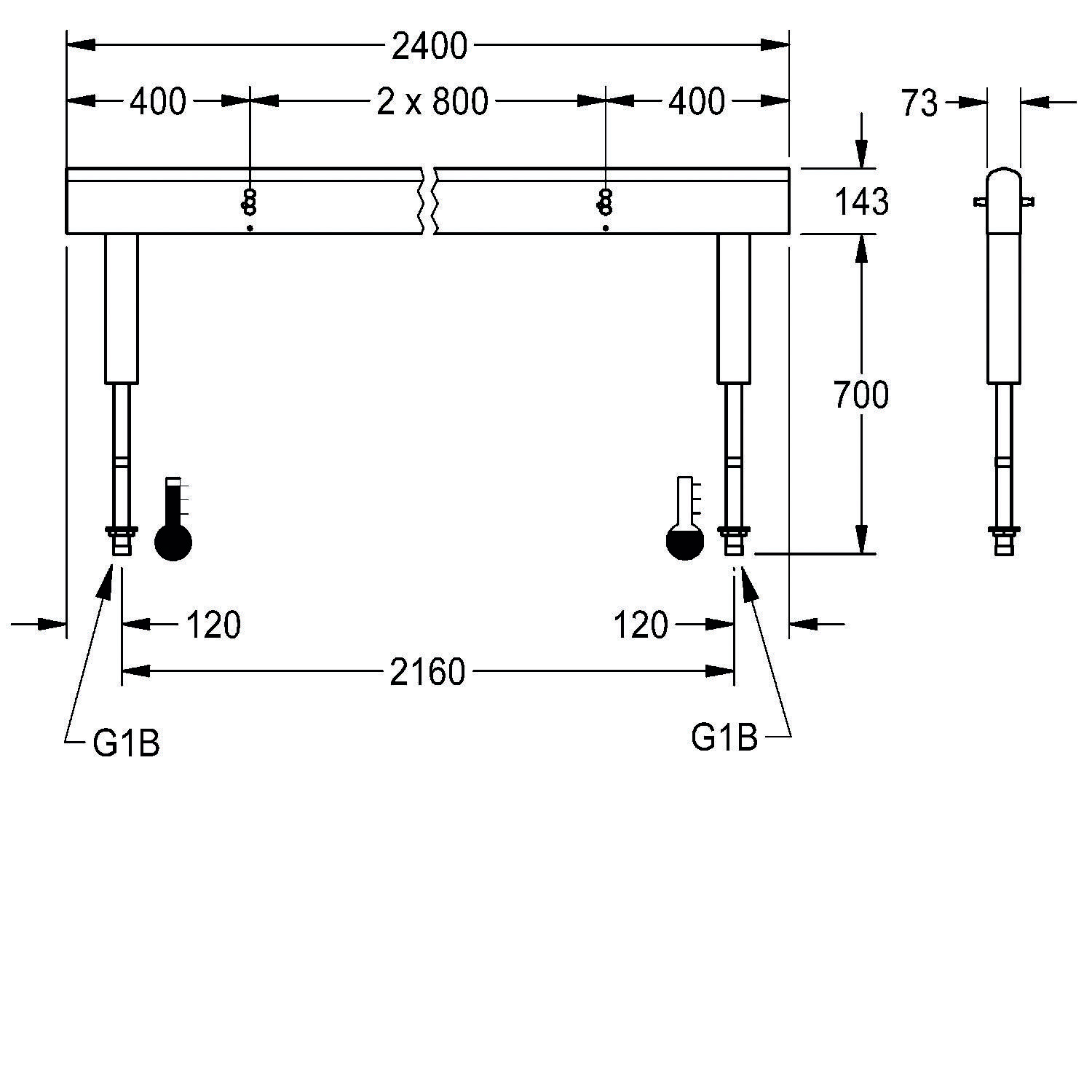Diagramm eines Tisches mit Abmessungen: 2400 mm breit, unterteilt in zwei 800 mm Abschnitte und zwei 400 mm Enden. Höhe beträgt 700 mm, Beine sind 2160 mm voneinander entfernt.