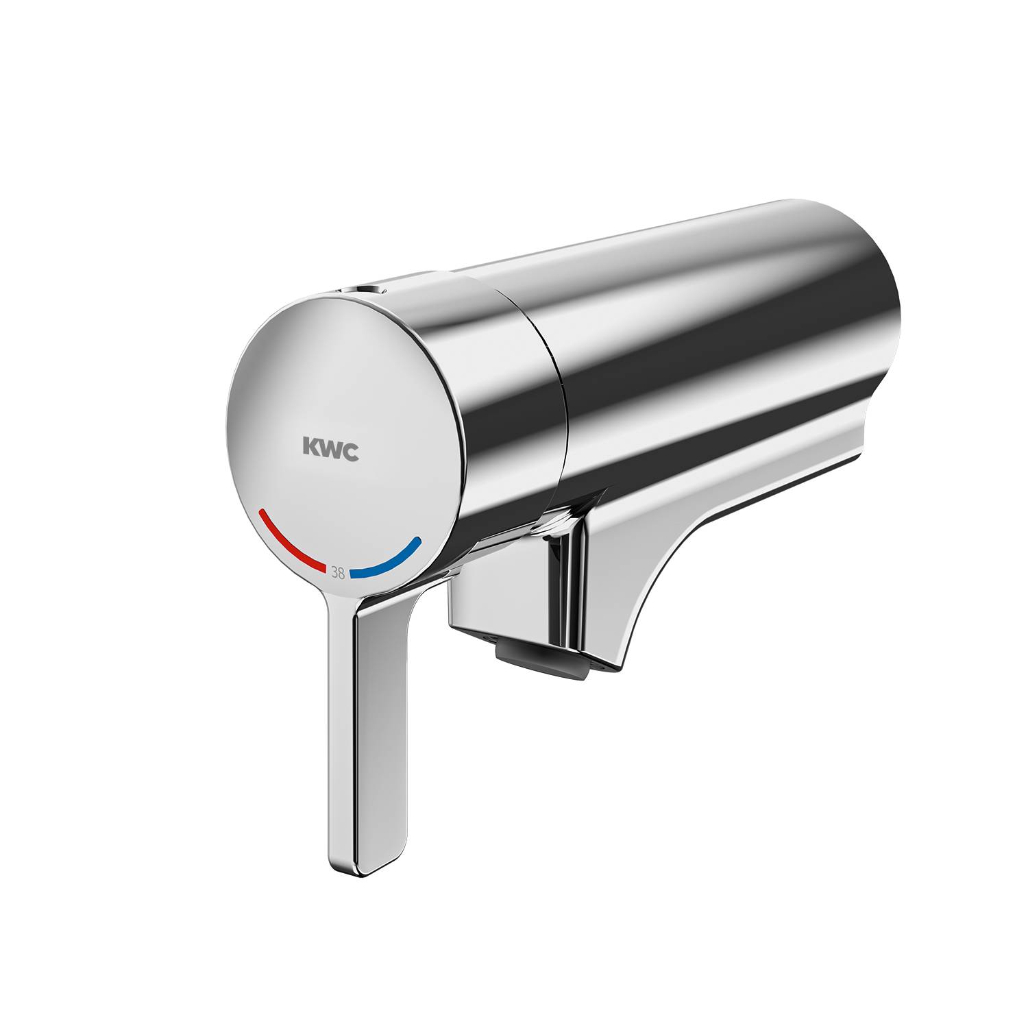 Ein schlanker Chrom-Wasserhahn mit zylindrischer Form und Einhebelgriff, gekennzeichnet mit roten und blauen Markierungen für Warmwasser und Kaltwasser.