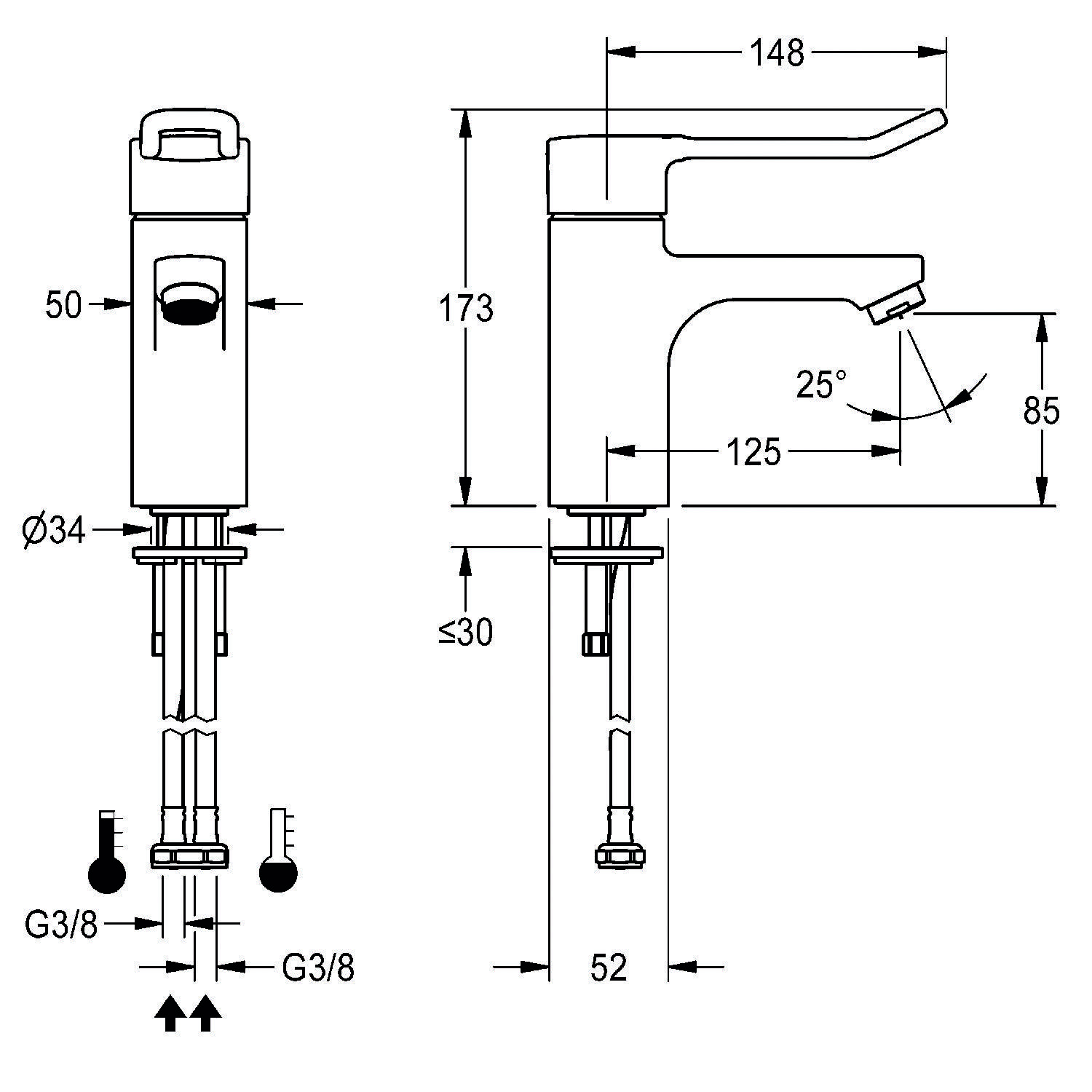 Technische Zeichnung eines Wasserhahns mit Abmessungen: Gesamthöhe 173 mm, Auslauflänge 125 mm und Auslaufhöhe 85 mm. Basisbreite 52 mm.