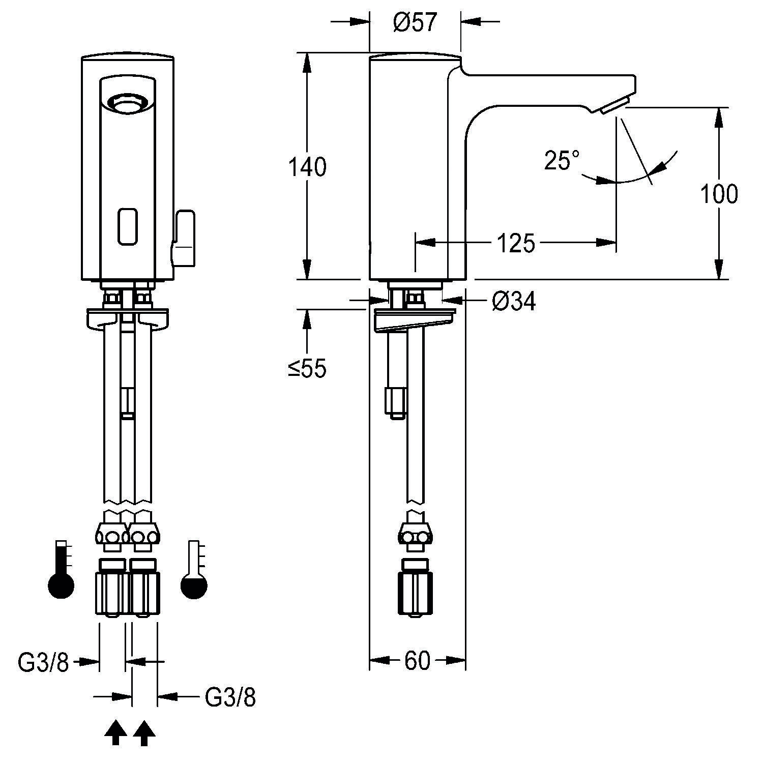 Technische Zeichnung eines Wasserhahns mit Maßangaben. Höhe: 140mm, Auslauflänge: 125mm, Auslaufhöhe: 100mm, Durchmesser: 57mm. Seitenansicht enthalten.