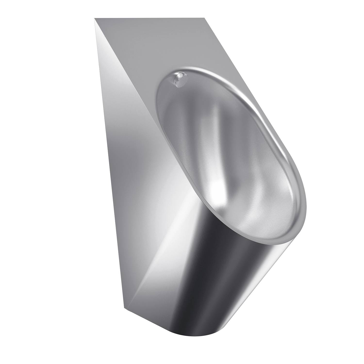 Ein Edelstahl-Urinal mit elegantem, modernem Design vor schwarzem Hintergrund.