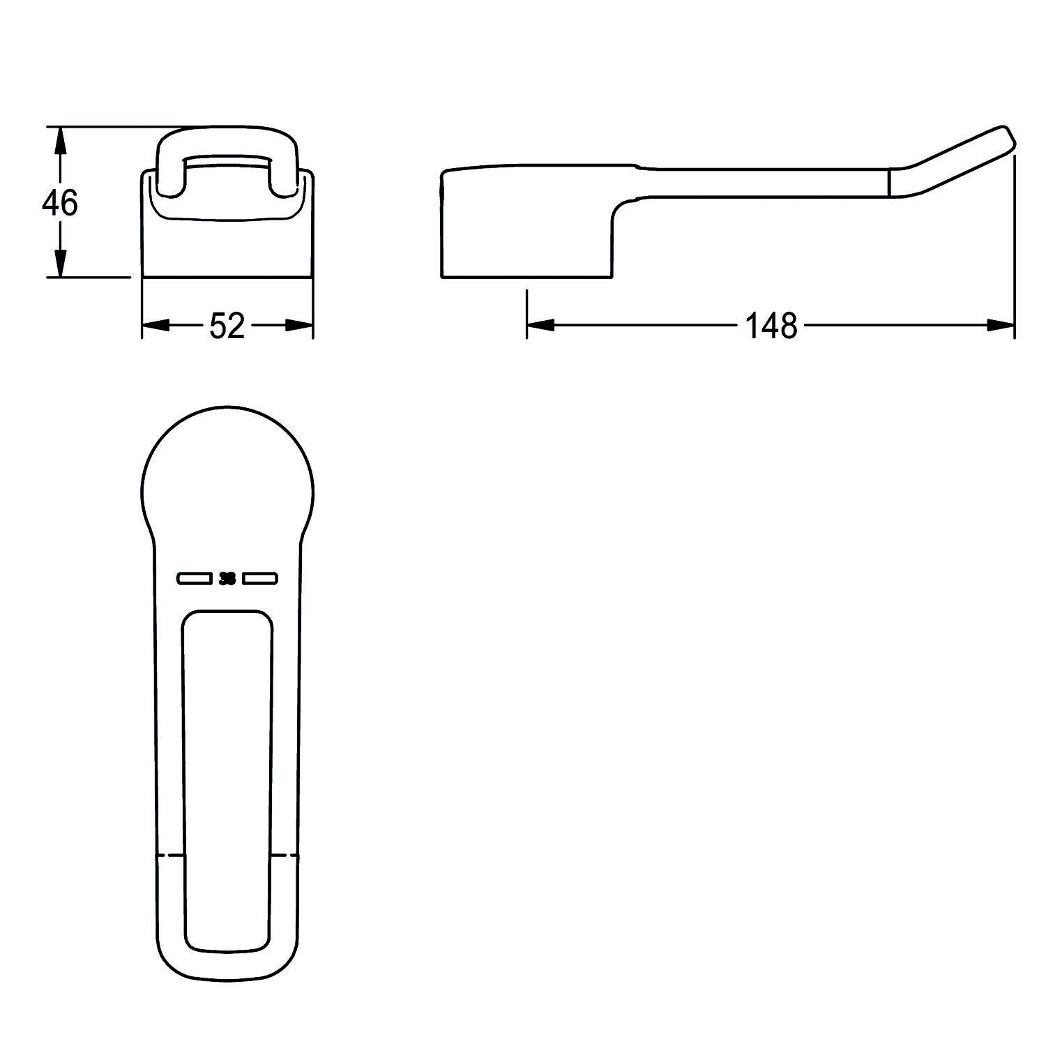 Mechanische Zeichnung eines Hebelgriffs mit Abmessungen: 52 mm Breite, 46 mm Höhe an der Basis und 148 mm Länge von der Basis bis zur Spitze.