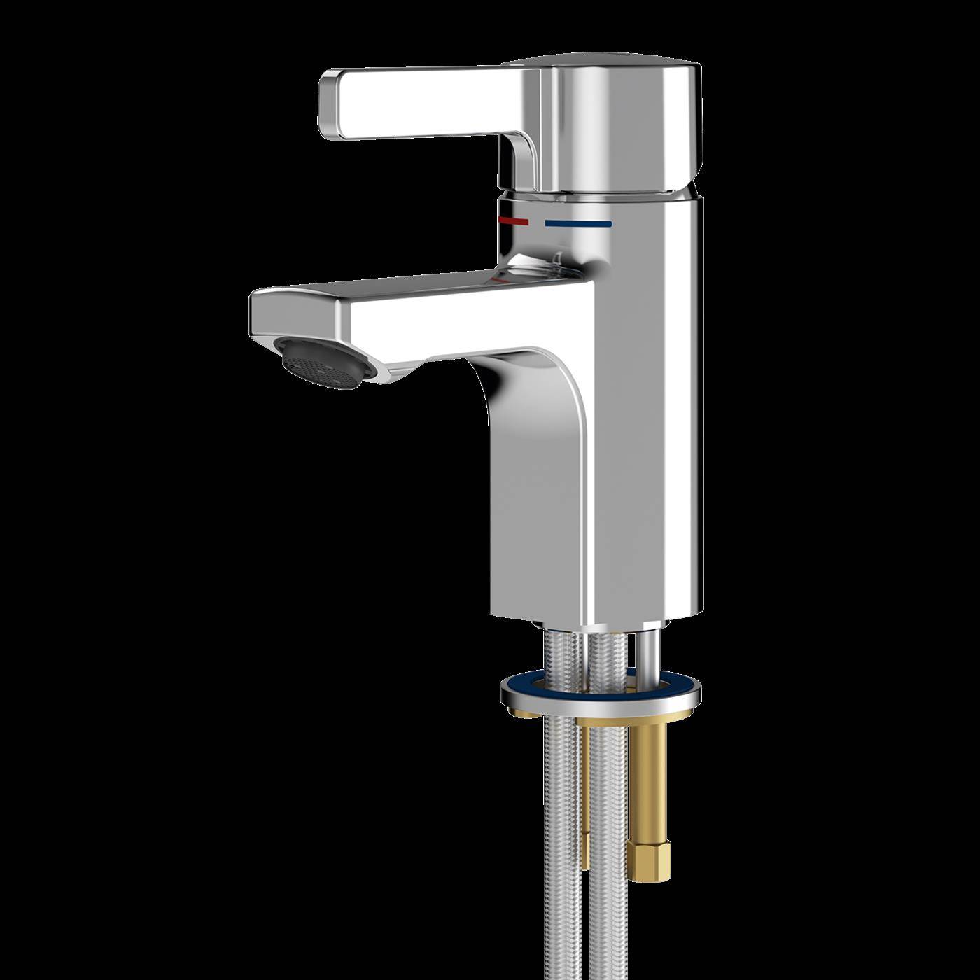 Chrom-Einhebel-Badezimmerwasserhahn in Schnittansicht, der das interne Ventil und die Montagehardware vor schwarzem Hintergrund zeigt.