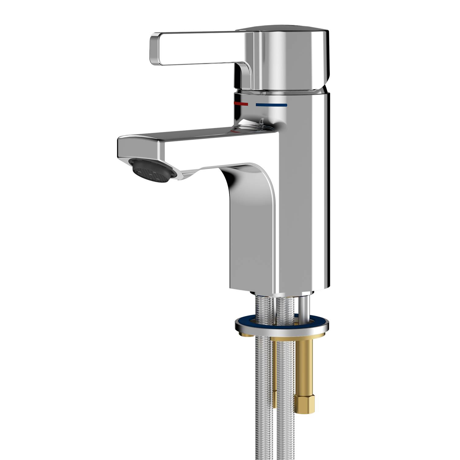 Ein Chrom-Badezimmer-Wasserhahn mit einem Einhebelgriff, Farbindikatoren für heiß und kalt, mit sichtbaren Wasserzuleitungen darunter, vor einem schwarzen Hintergrund.