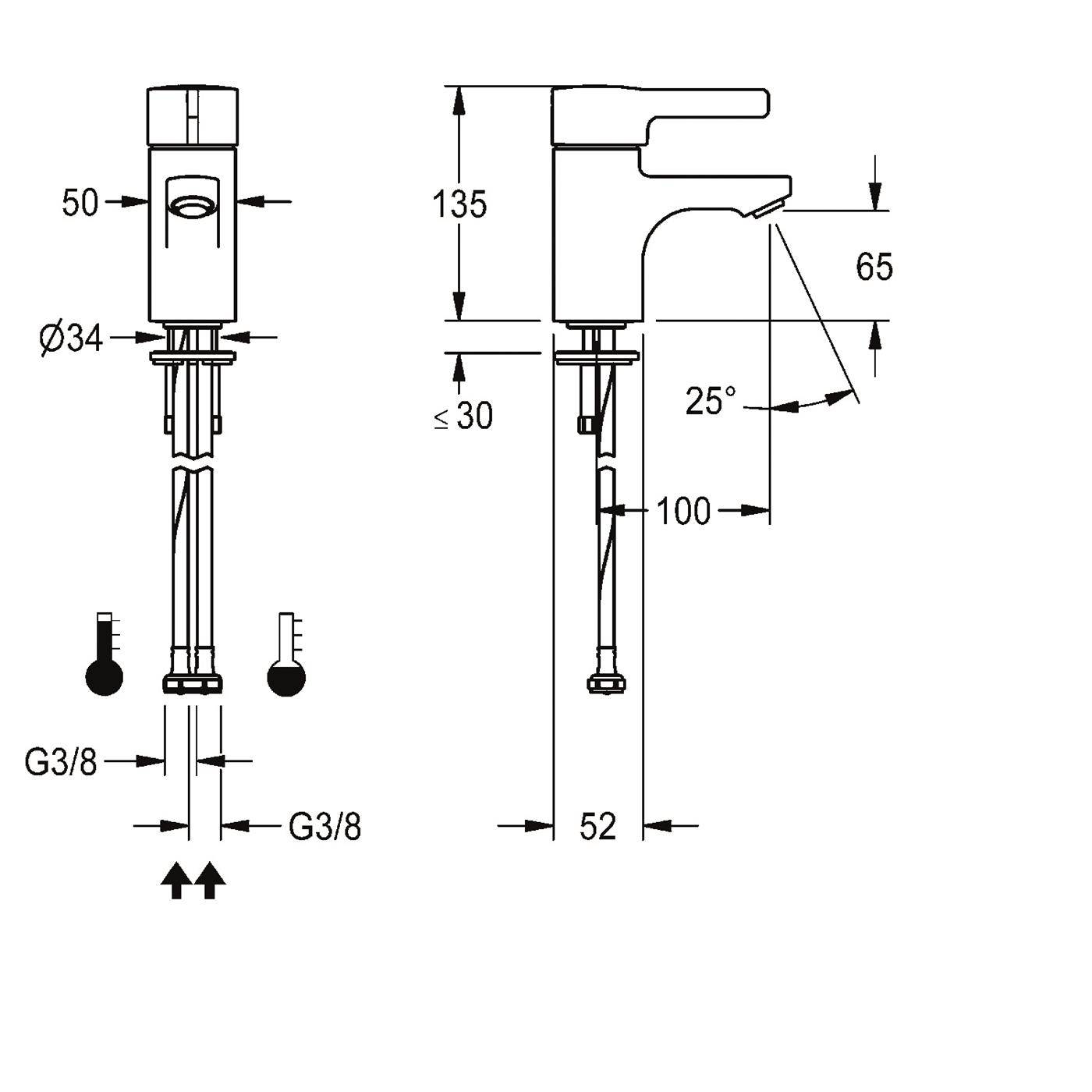 Technische Maßzeichnung eines G3/8 Wasserhahns mit Vorder- und Seitenansicht mit Schlüsselmessungen: 135 mm Höhe, 52 mm Basisbreite, 65 mm Auslaufhöhe, 100 mm Reichweite, 25° Winkel und 34 mm Durchmesser.