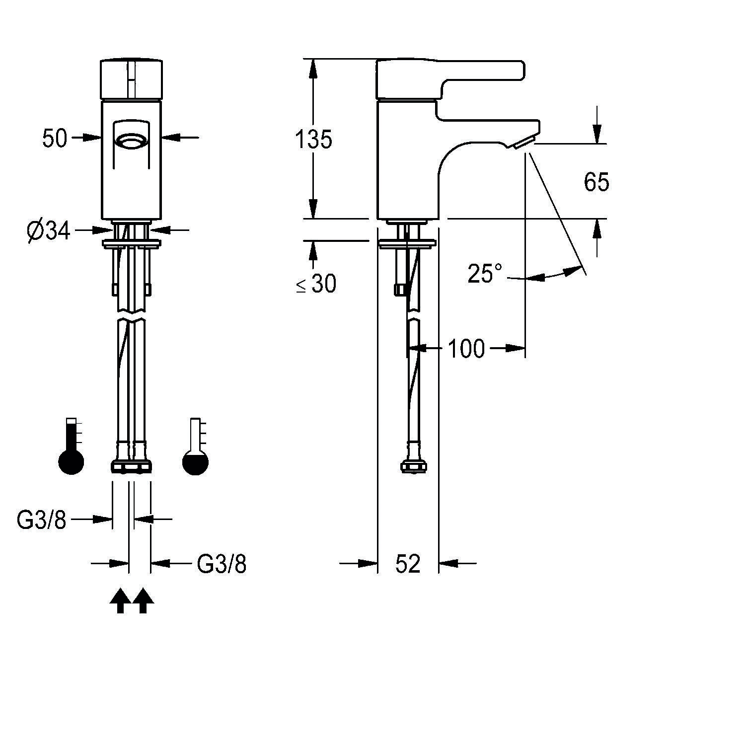 Eine technische Zeichnung eines Wasserhahns mit Maßen: Höhe 135 mm, Auskragung 65 mm, Auslaufhöhe 100 mm, Basisdurchmesser 34 mm. Zeigt die Installation.
