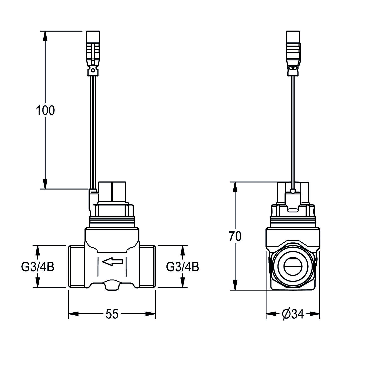 Technische Zeichnung, die die Abmessungen eines Ventils zeigt: 100 mm Höhe, 55 mm Breite, Einlass beschriftet mit „G3/4B