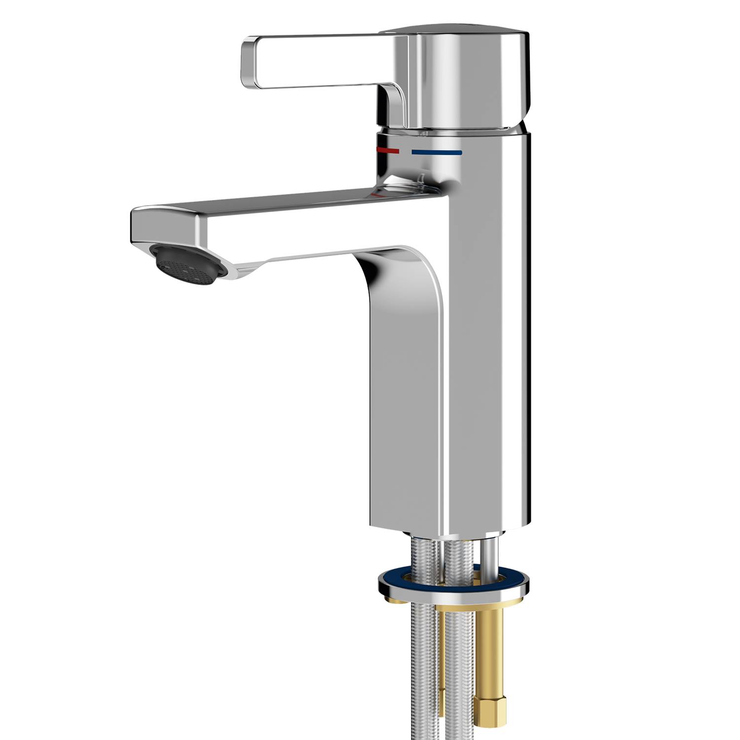 Ein moderner Wasserhahn aus Silber für das Badezimmer mit Einhebelgriff, der blaue und rote Markierungen für kaltes und heißes Wasser auf einem schwarzen Hintergrund zeigt.