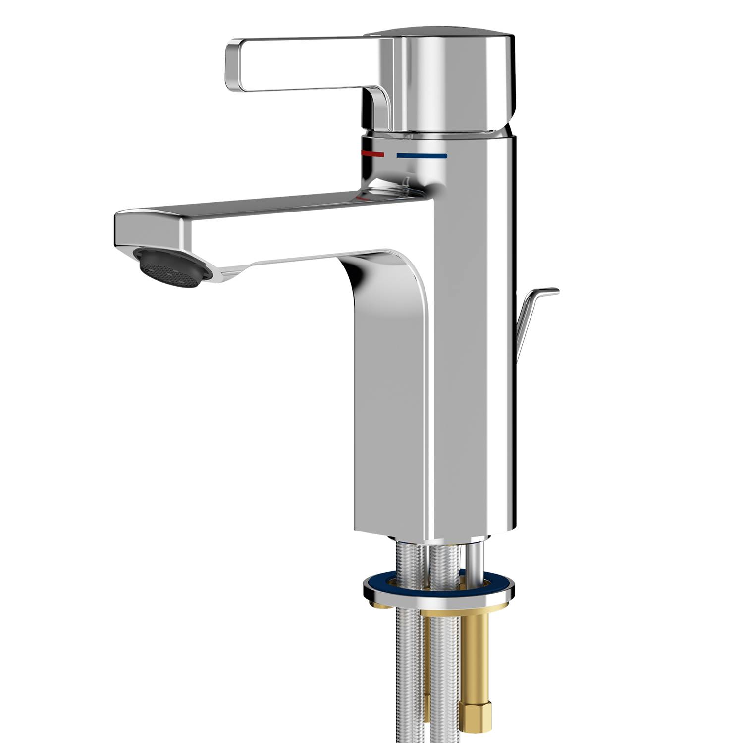 Ein moderner silberner Wasserhahn mit einem einzelnen Hebel, der rote und blaue Markierungen für Warm- und Kaltwasser aufweist, angeschlossen an Metallschläuche darunter.