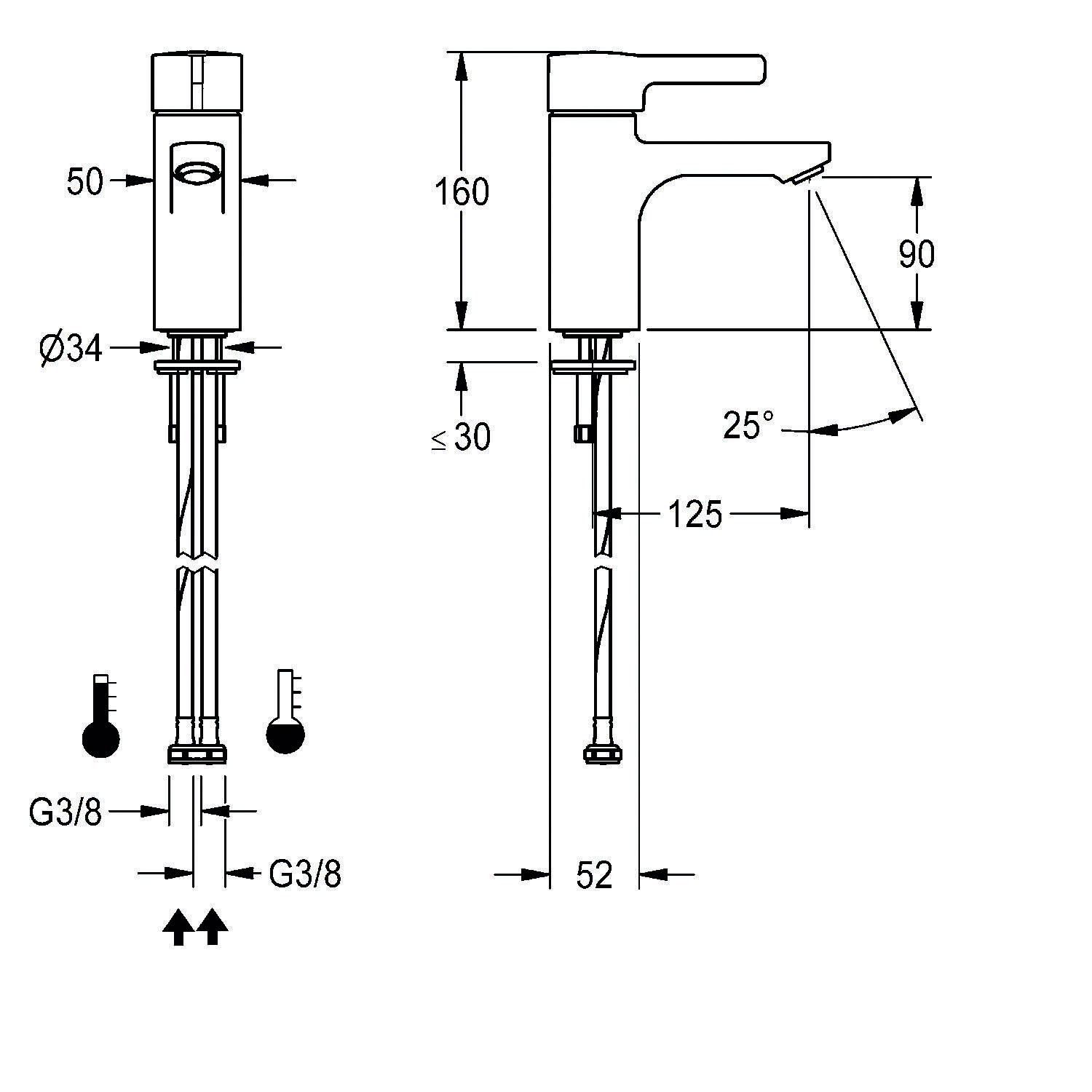 Technische Zeichnung eines Wasserhahns mit Maßangaben: Höhe 160 mm, Auslauflänge 125 mm, Auslaufhöhe 90 mm, Basisbasis 52 mm, Bohrung Ø 34 mm.