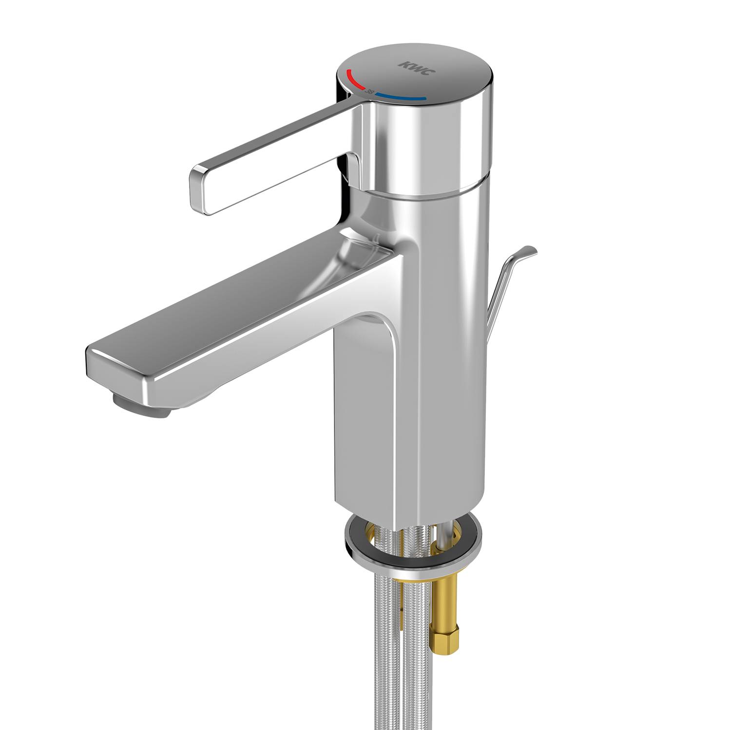 Ein moderner Wasserhahn fürs Badezimmer mit Chrom-Finish und einem einzelnen Hebel zur Steuerung von Warm- und Kaltwasser.