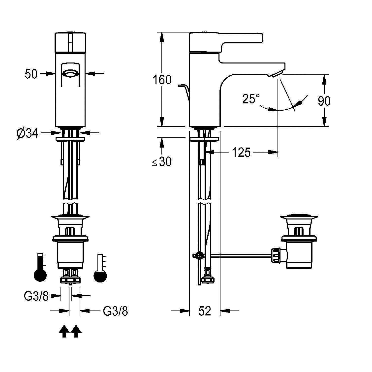 Technische Zeichnung eines Wasserhahns mit Abmessungen: Höhe 160 mm, Auslauflänge 90 mm und Auslaufhöhe 125 mm. Inkludiert Abmessungen des Ablaufs.