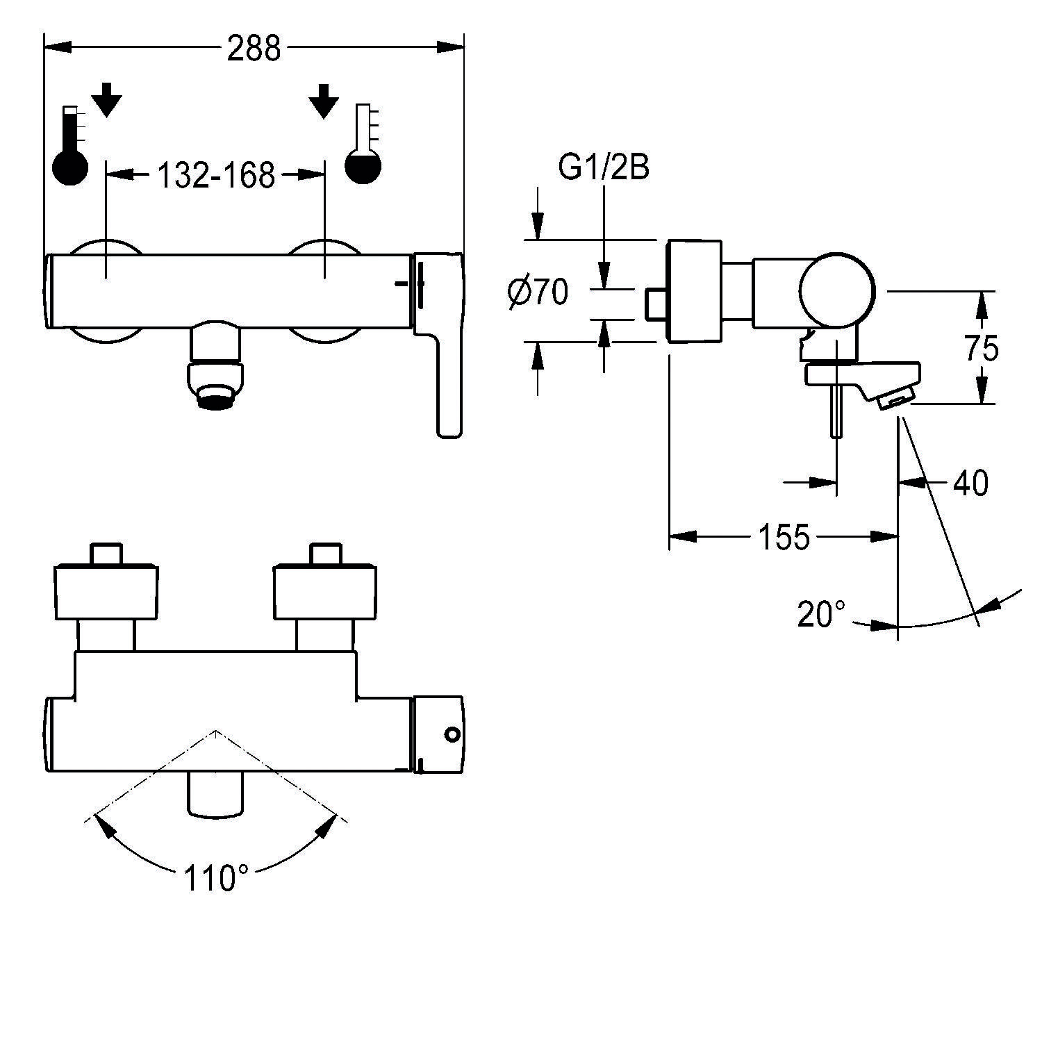 Diagramm einer Wandarmaturen-Duscharmatur. Enthält Maße: Breite 288 mm, Tiefe 75 mm und Rohrabstand 132-168 mm.