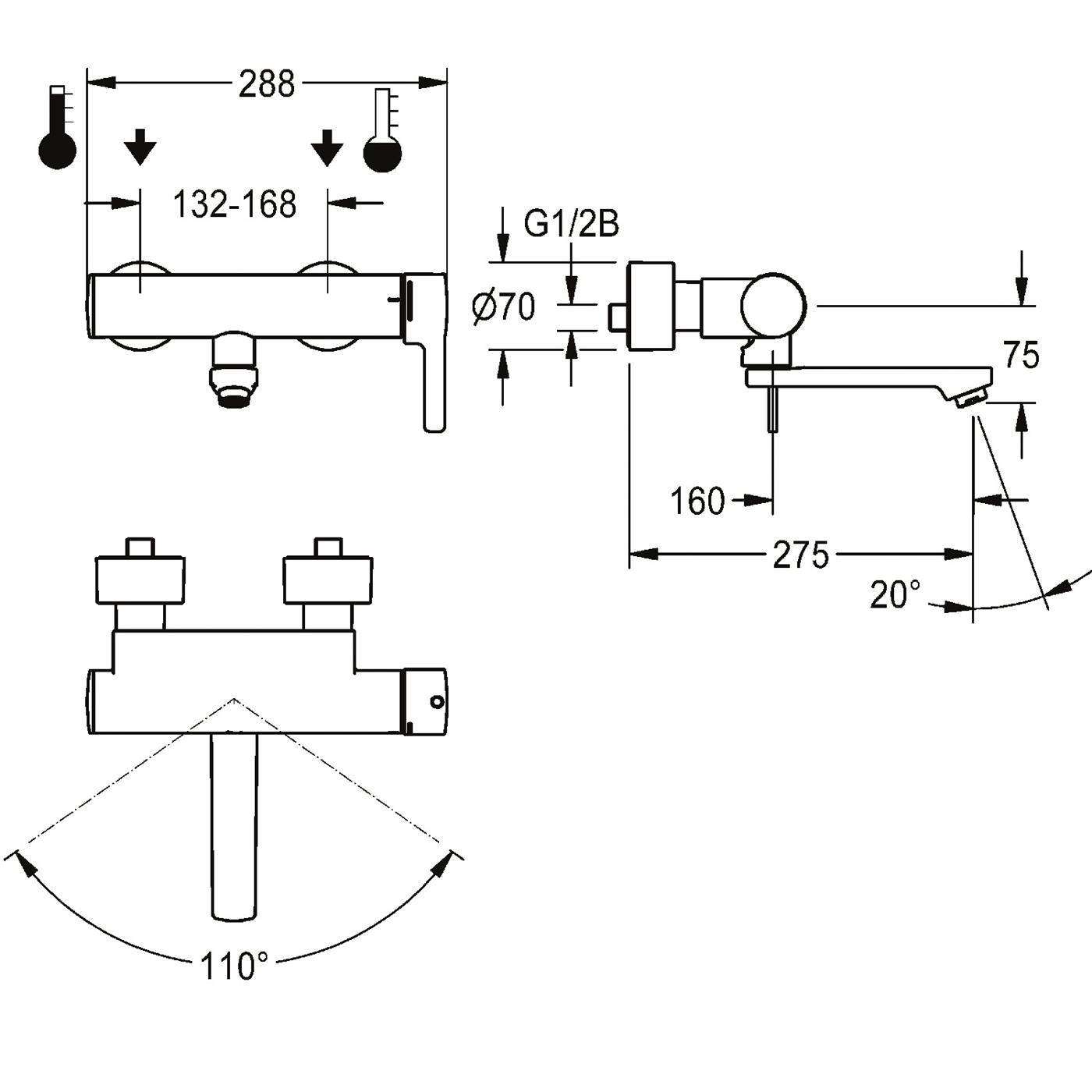 KWC Thermostat-wandbatterie, F5, EHM, Schwenkauslauf, 275 mm, Hygieneoption