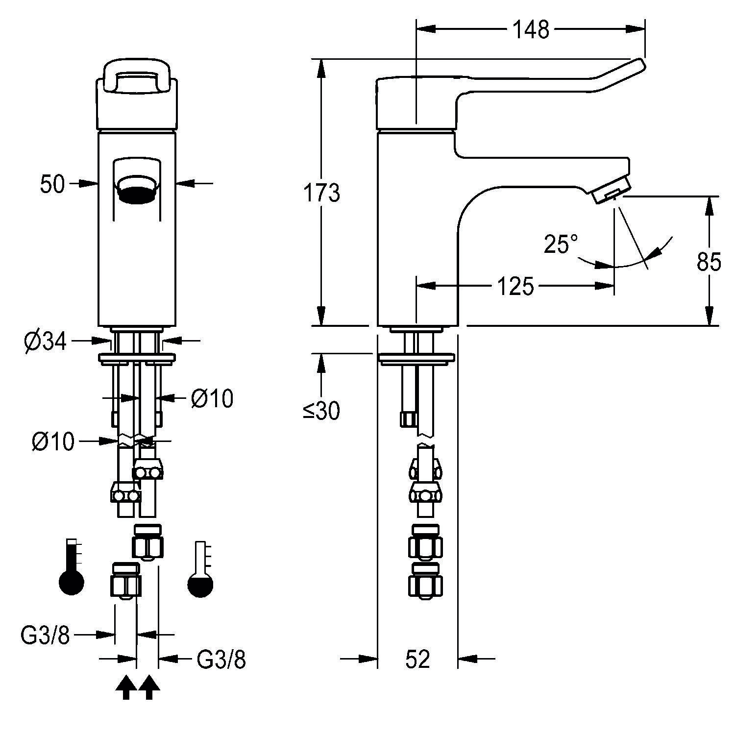 Technische Zeichnung eines Wasserhahns mit Maßangaben: Höhe 173 mm, Auslauf 125 mm, Breite 52 mm. Enthält Installationskomponenten und Anschlüsse.