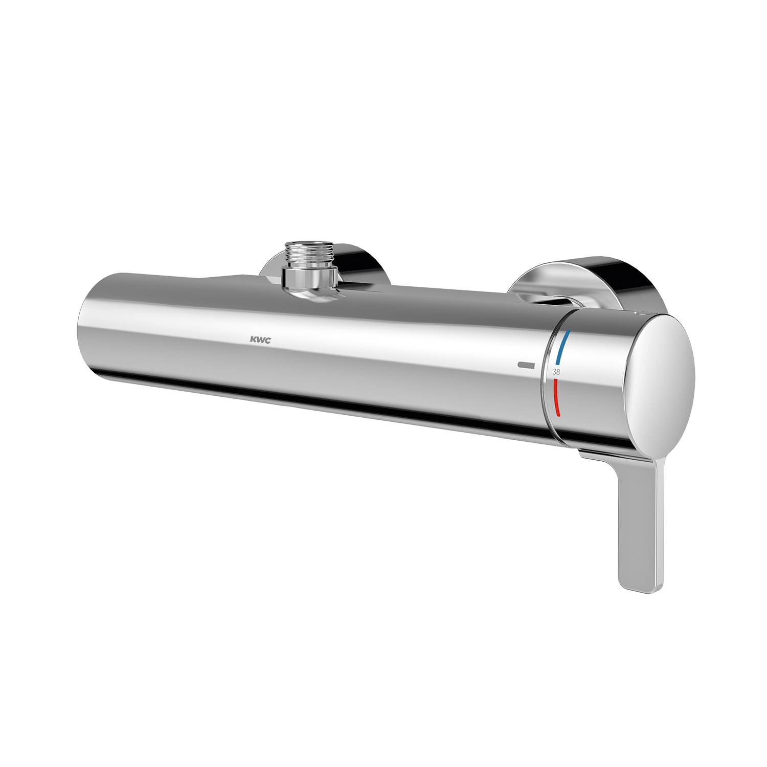 Ein Chrom-Wandbrausearmaturen mit runden Steuerungshebeln, eine rote und eine blaue Markierung zur Anzeige der Warmwasser- und Kaltwassereinstellungen.
