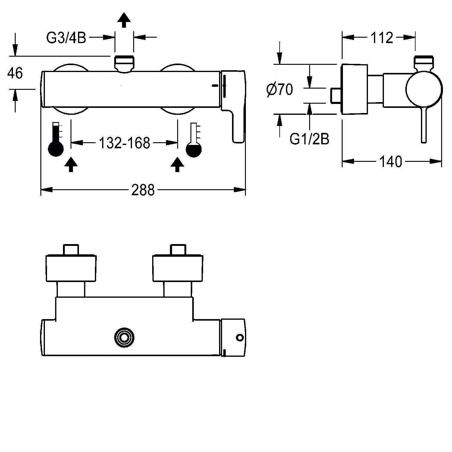 Technische Zeichnung eines Mischbatterieventils mit Maßen: 288 mm breit, 46 mm hoch, 112 mm Tiefe, Einlass G3/4B, Auslass G1/2B, verstellbar 132-168 mm.