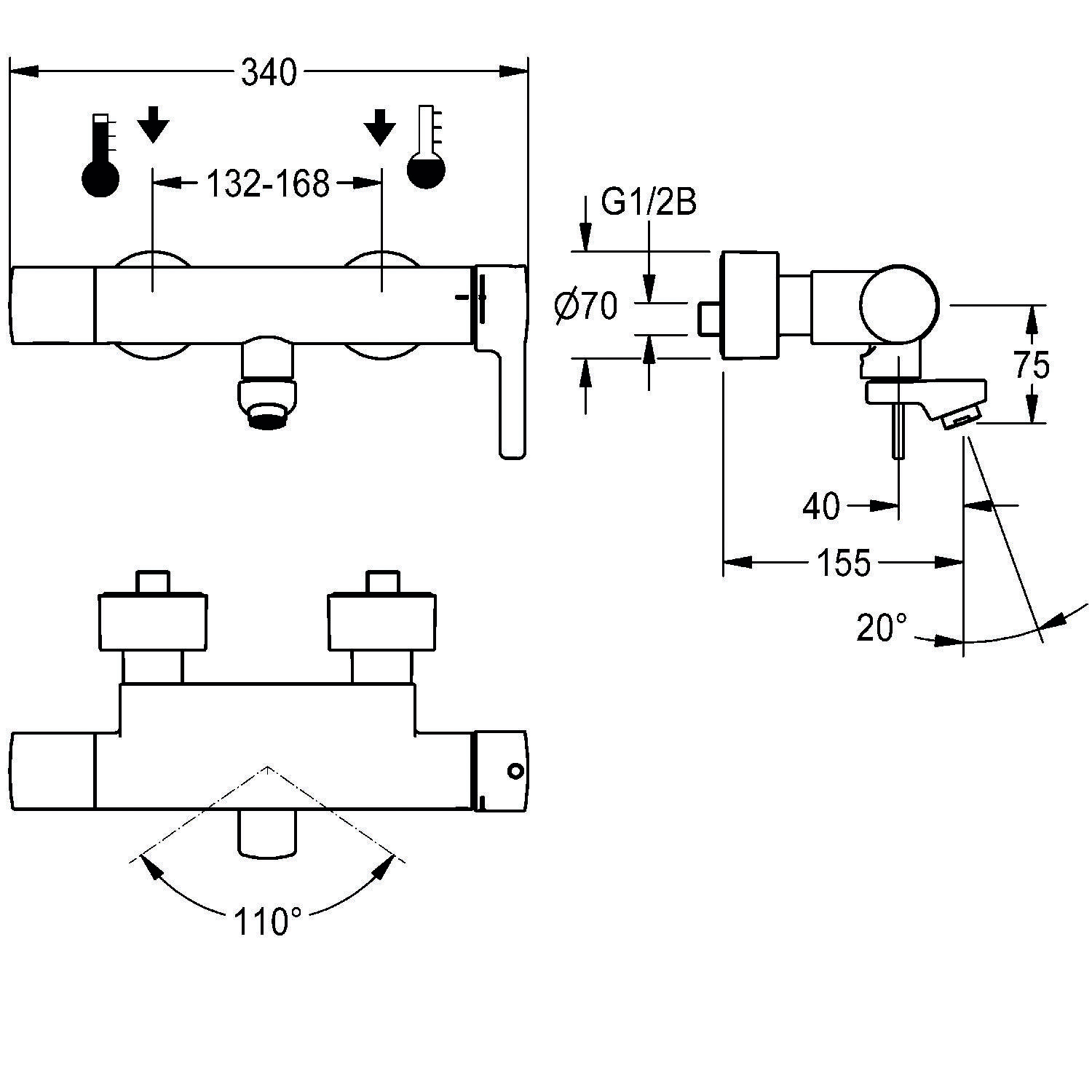 Technische Zeichnung eines Wandmontage-Duschenmischers mit Abmessungen: Breite 340 mm, verstellbare Befestigung 132-168 mm, Auslassöffnung 70 mm.