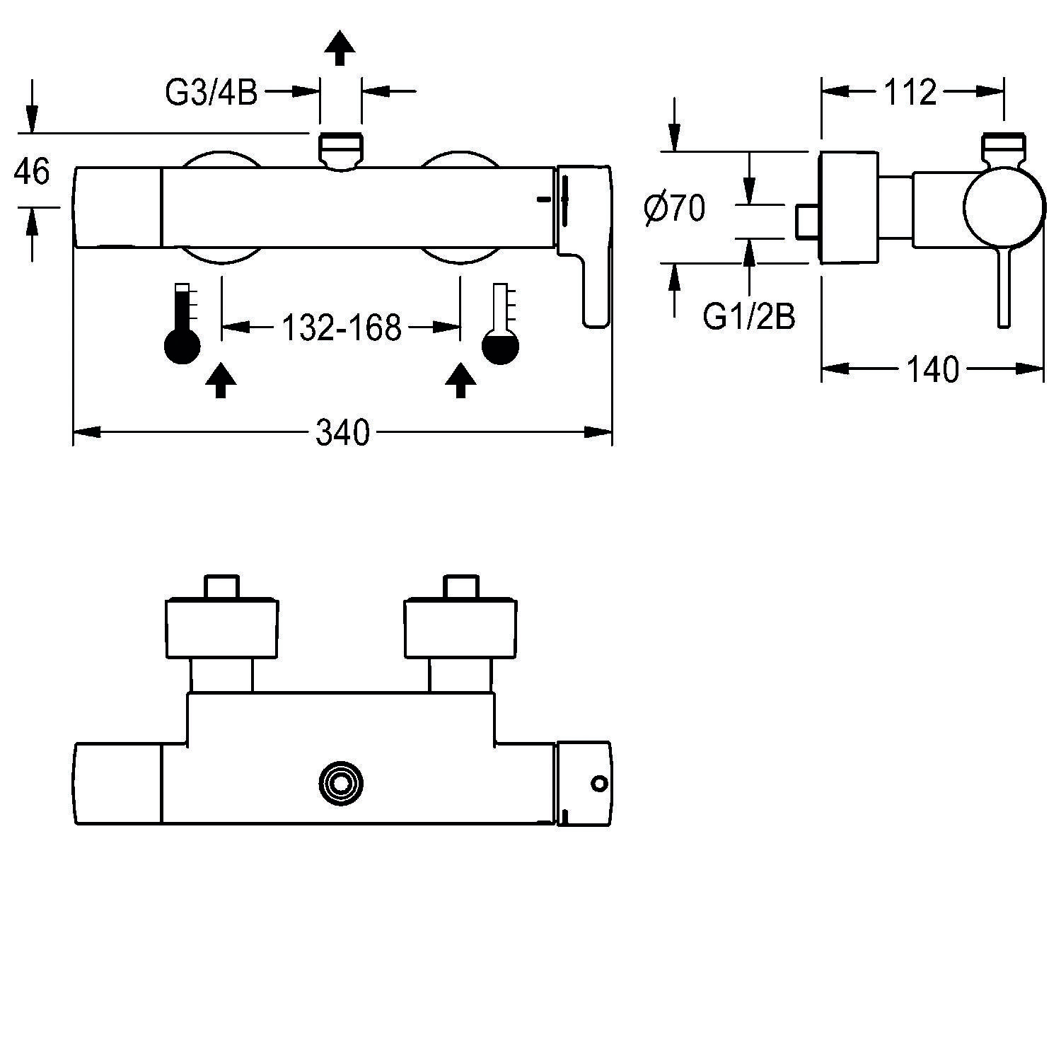 Technische Zeichnung eines Wasserhahns mit Dimensionen: 340 mm Breite, 132-168 mm Griff-Abstand, 112 mm Körperlänge, mit G3/4B-Anschluss.