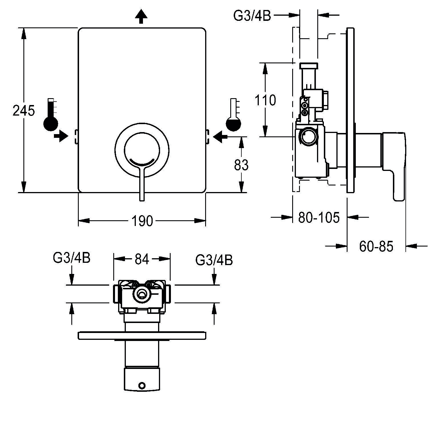 Diagramm eines Duschventils mit in Millimetern beschrifteten Abmessungen. Front- und Seitenansichten zeigen Installationsmessungen, einschließlich G3/4B-Anschlüssen.