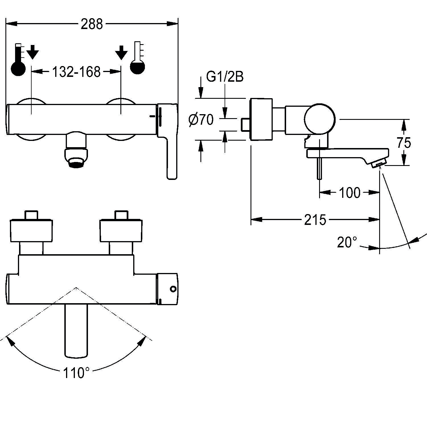 Technische Zeichnung eines Wasserhahns mit Maßangaben: Breite 288 mm, Abstand zwischen Anschlüssen 132-168 mm und anderen wichtigen Dimensionen beschriftet.