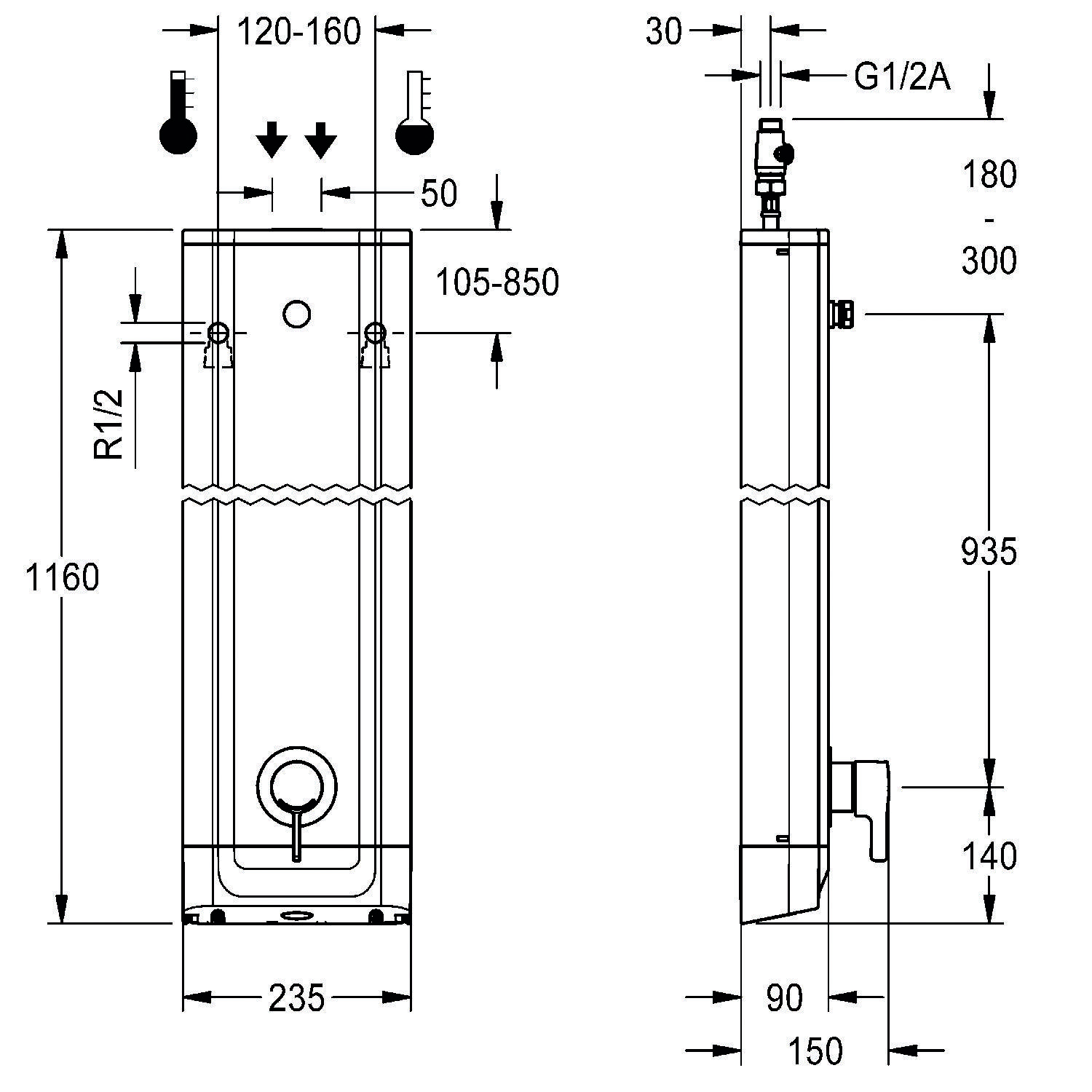 „Technische Zeichnung eines Wassererhitzers: Höhe 1160 mm, Breite 235 mm, mit Anmerkungen zu Rohranschlüssen und Installationsabmessungen.