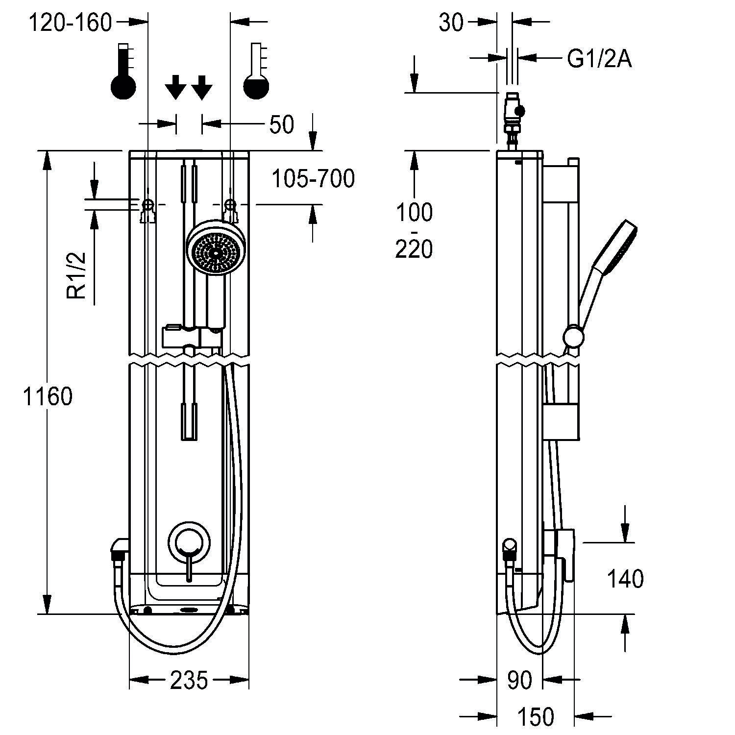 Diagramm einer Duscharmatur mit Maßangaben: Höhe 1160 mm, Breite 235 mm; enthält verstellbaren Duschkopf und Schlauch, gekennzeichnet mit R1/2, G1/2A.