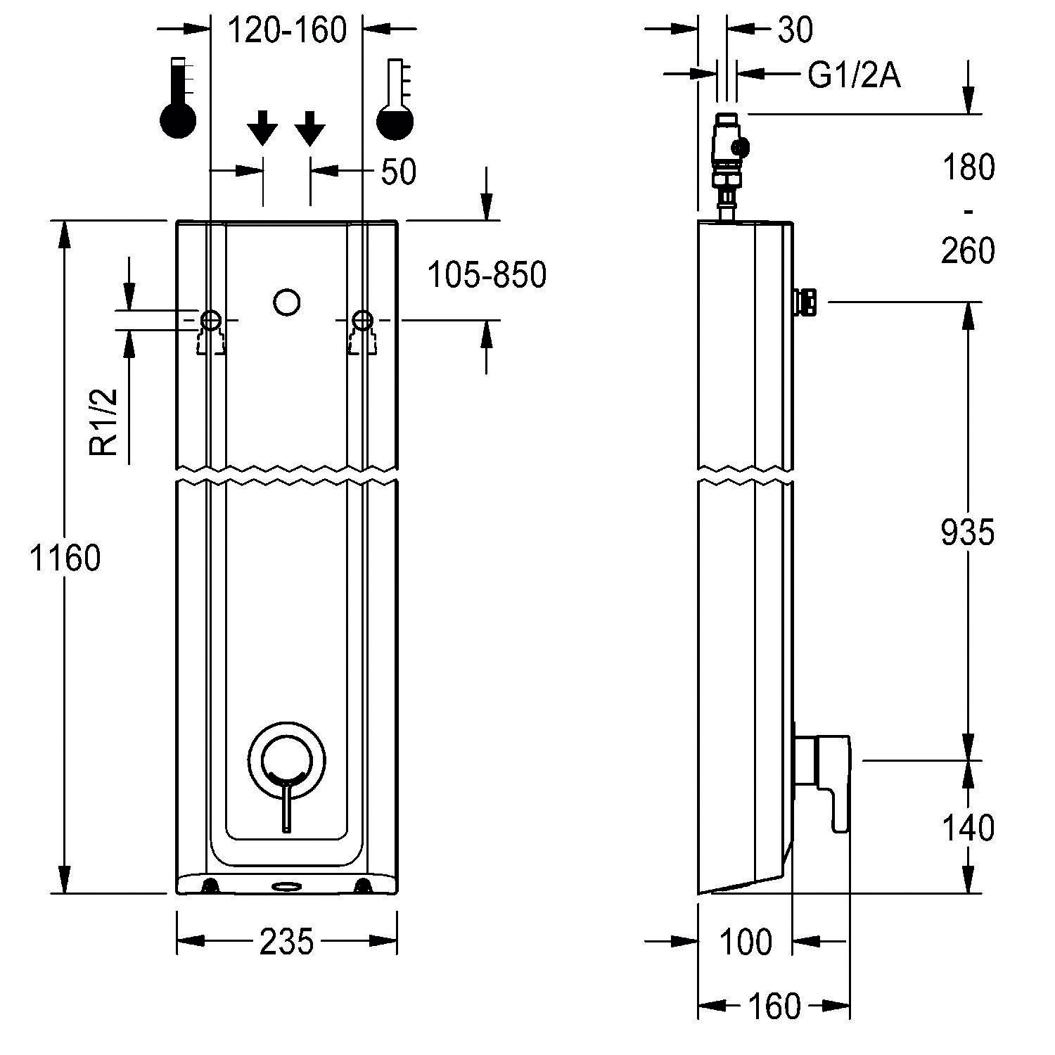 Diagramm einer Sanitärinstallation mit Vorder- und Seitenansicht, mit Maßangaben: Höhe 1160 mm, Breite 235 mm, Tiefe 160 mm. Anschlüsse gekennzeichnet mit R1/2 und G1/2A.