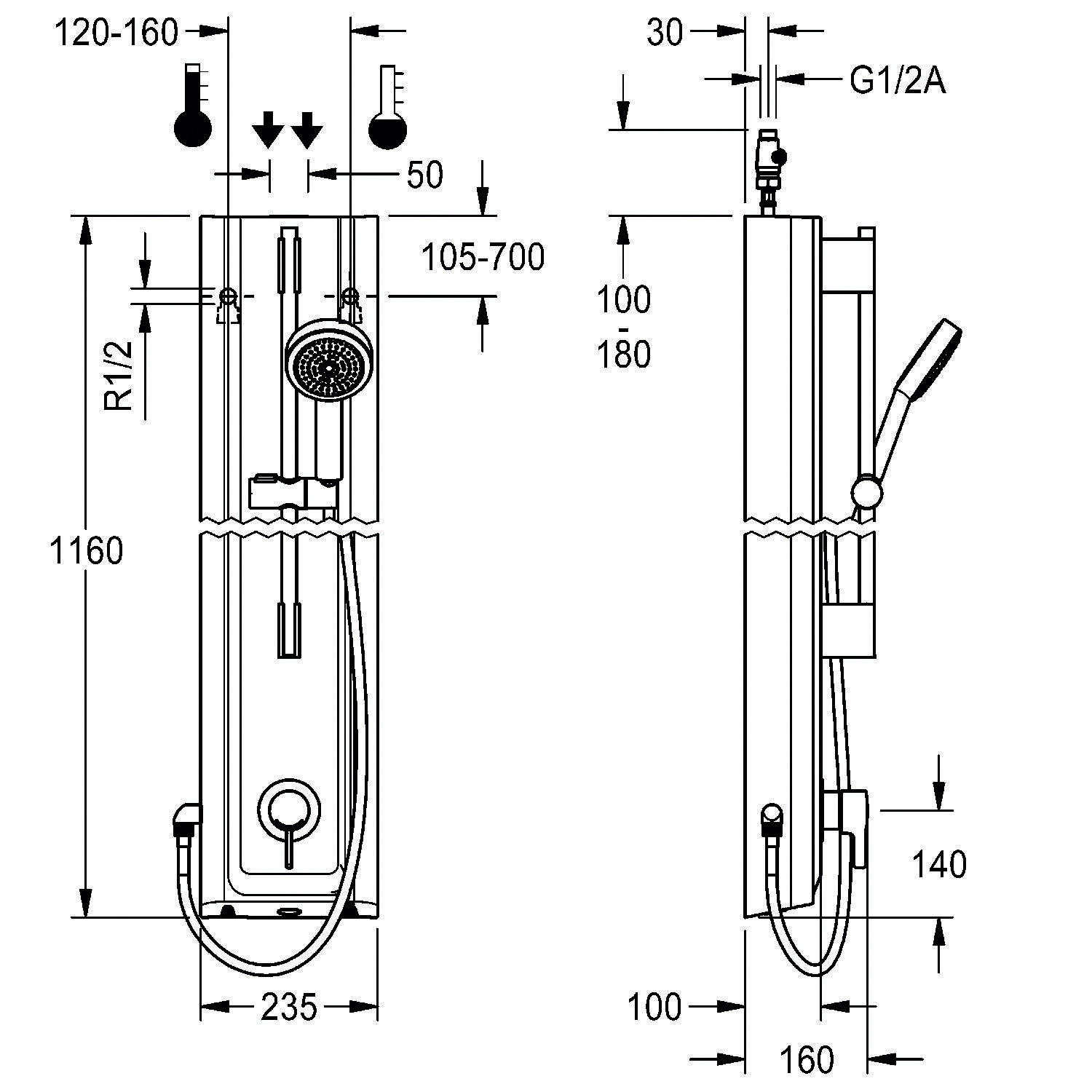 Technische Zeichnung eines Duschsets mit Maßangaben, einschließlich Höhen und Breiten. Merkmale umfassen eine Handbrause, Schlauch und Höhenverstellungen.