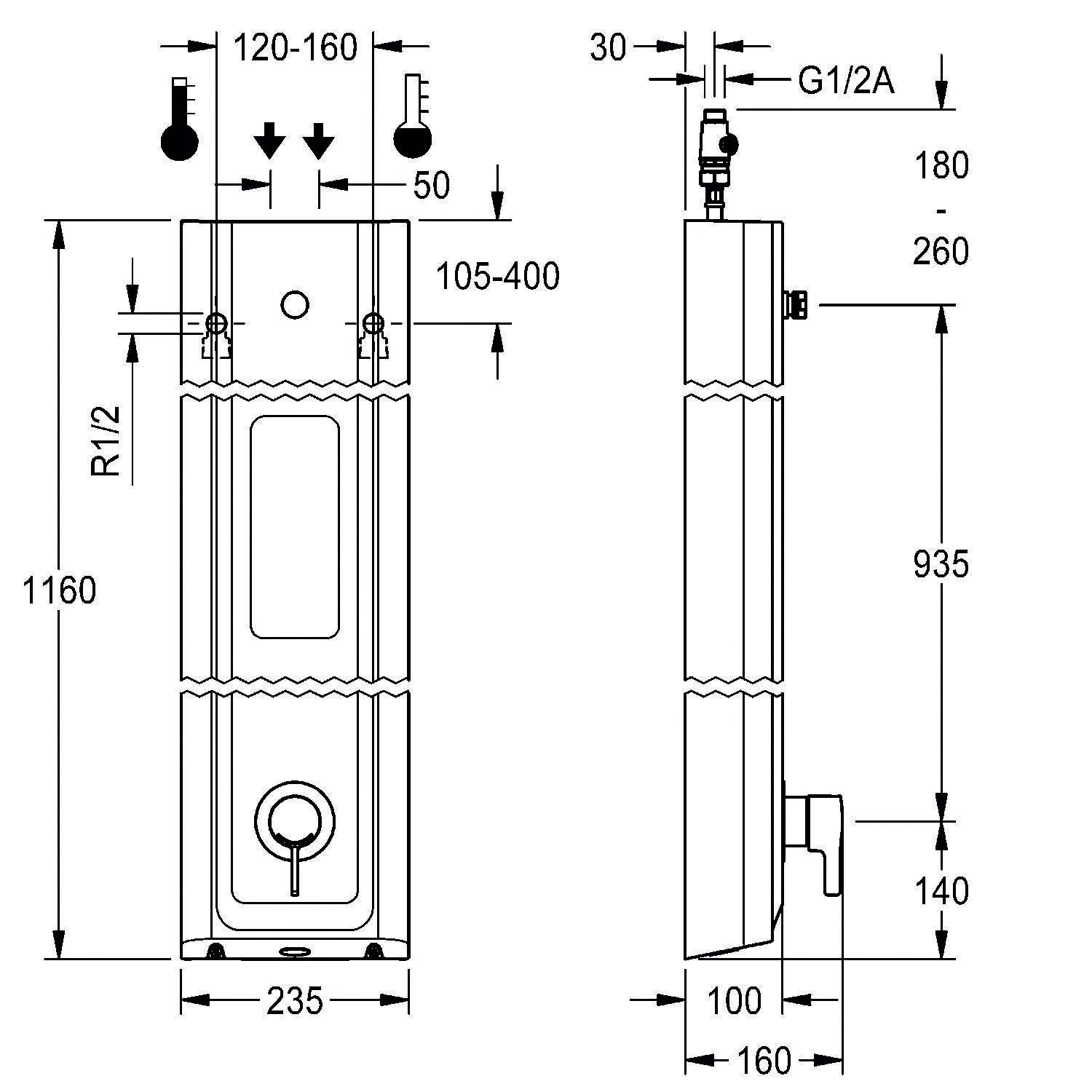 Technische Zeichnung eines Warmwasserbereiters mit Vorder- und Seitenansicht. Die Abmessungen und Spezifikationen umfassen Höhe, Breite und Details der Rohranschlüsse.
