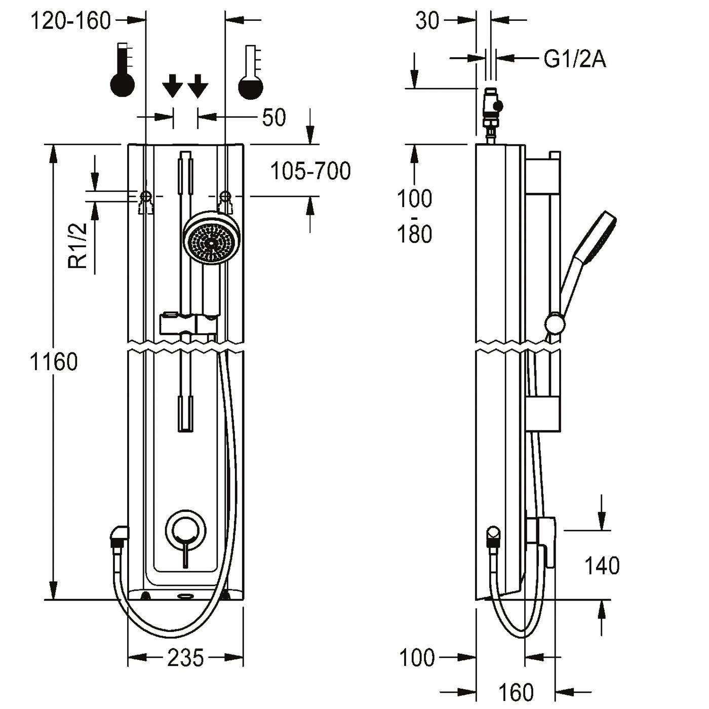 Technische Maßzeichnung einer wandmontierten Duschanlage mit Vorder- und Seitenansicht, mit Installationsmessungen und G1/2A-Anschluss.