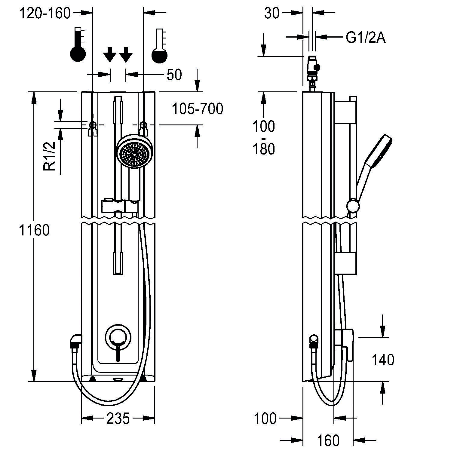 Technische Zeichnung eines Duschpanels mit Maßangaben in Millimetern, Darstellung der Vorder- und Seitenansicht, einschließlich Wasseraustritte und Abmessungen.