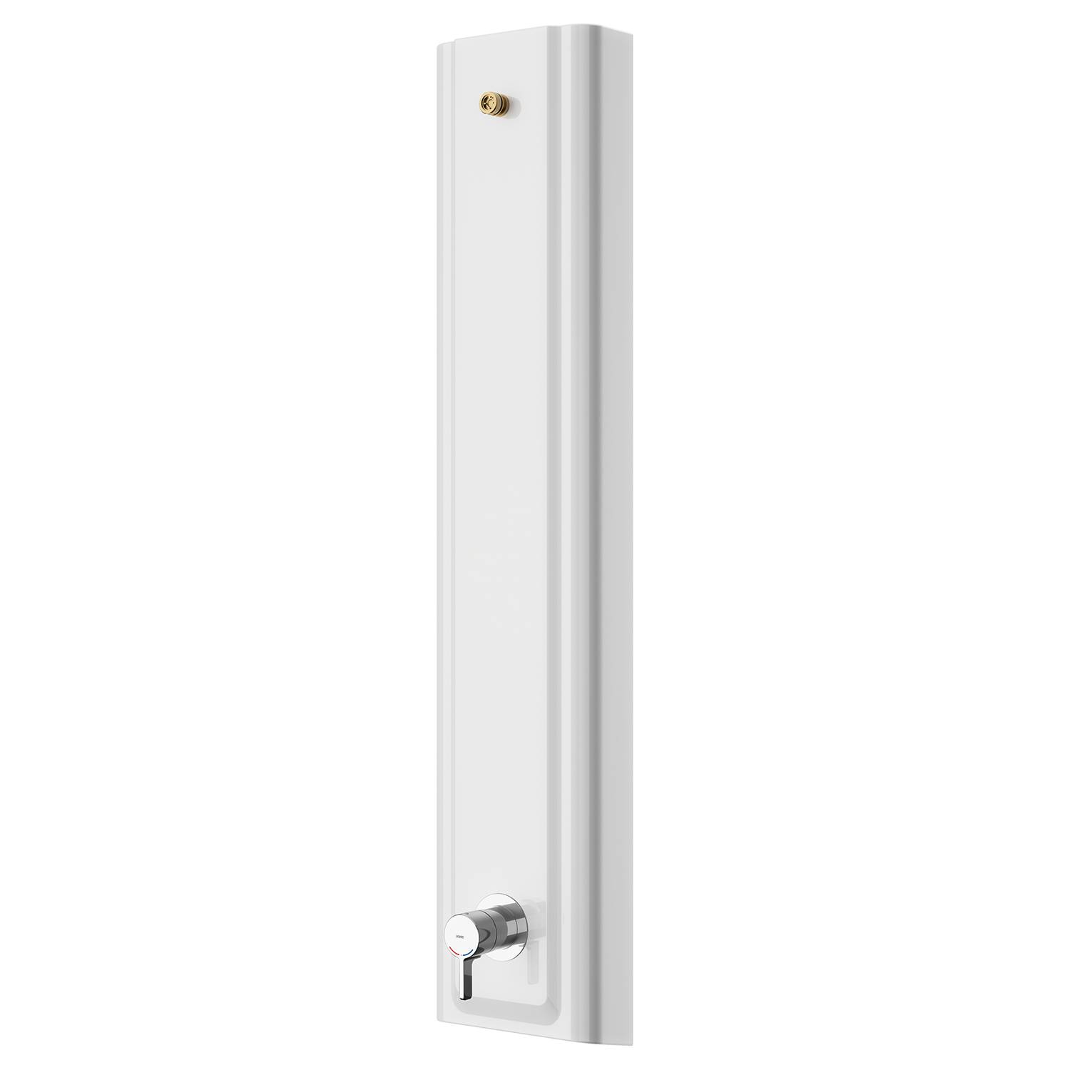 Ein hoher, vertikaler weißer Heizkörper mit einem schlichten Design, ausgestattet mit einem silbernen Regelknopf am unteren Ende zur Temperatureinstellung.